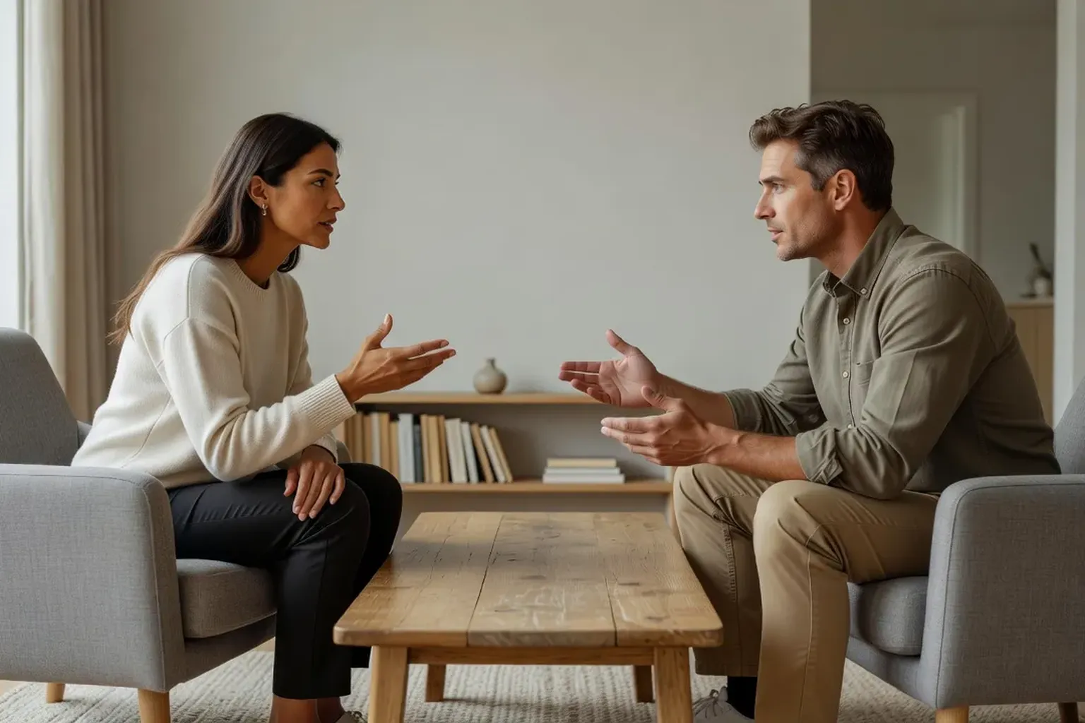 Couple en désaccord calme — gestion sécure du conflit