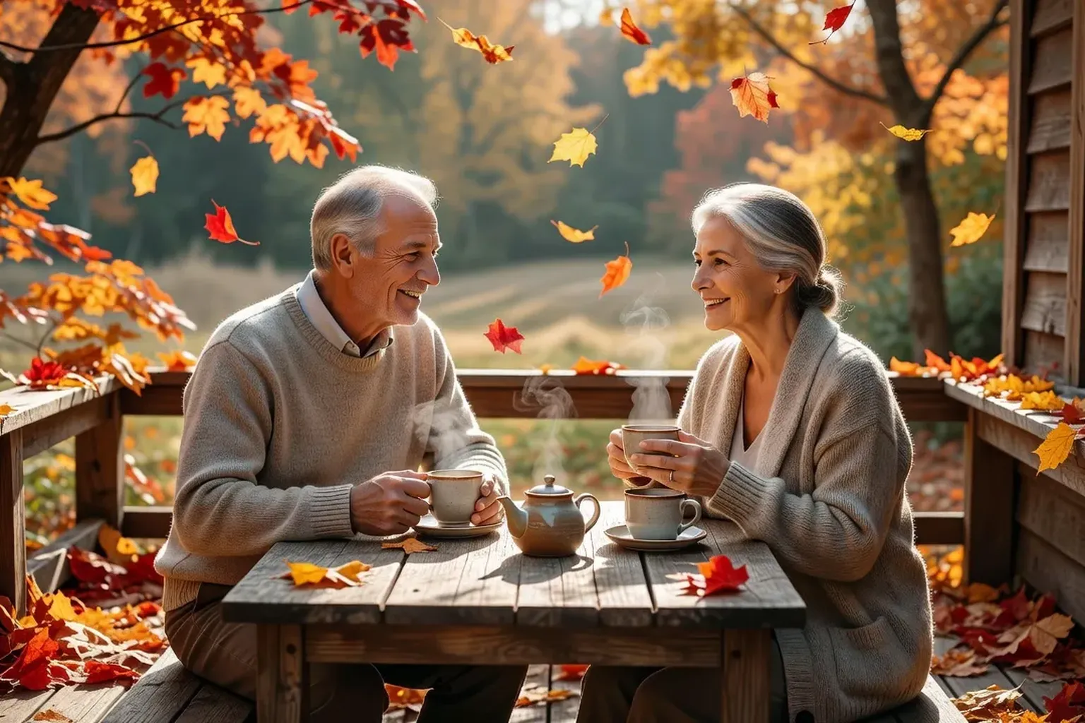 Couple âgé partageant un café — amour compagnon durable
