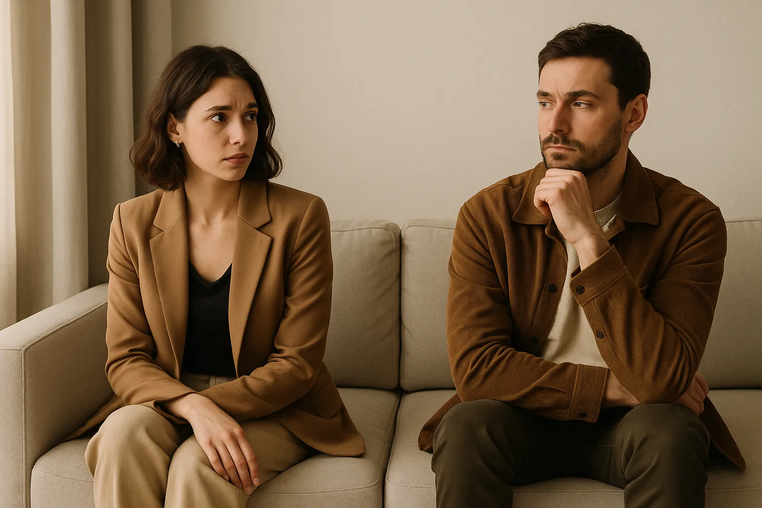 Couple assis à distance sur un canapé, l'un tourné vers l'autre avec prudence, l'autre absorbé par ses pensées