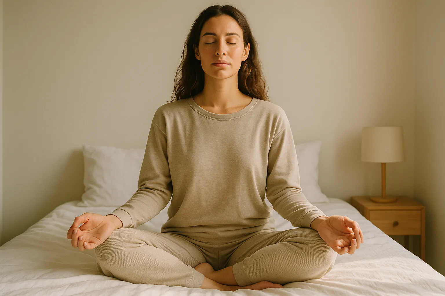 Femme assise en tailleur sur un lit, les mains ouvertes sur les genoux, dans une posture de respiration apaisée