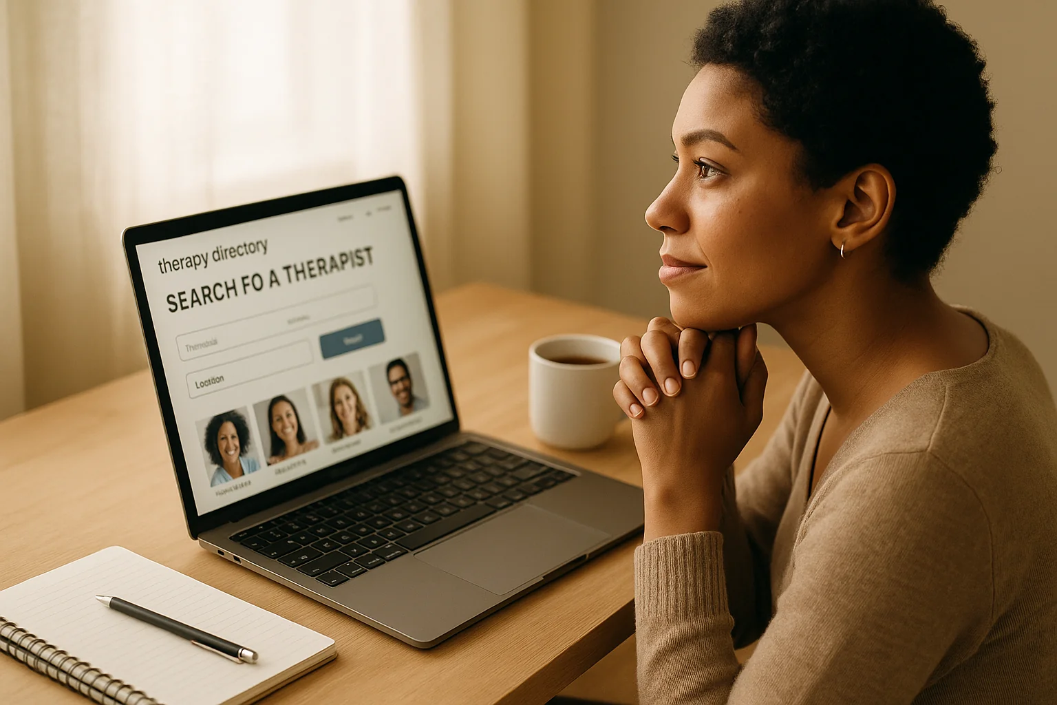 Person searching for an attachment-based therapist on a laptop in a calm home office