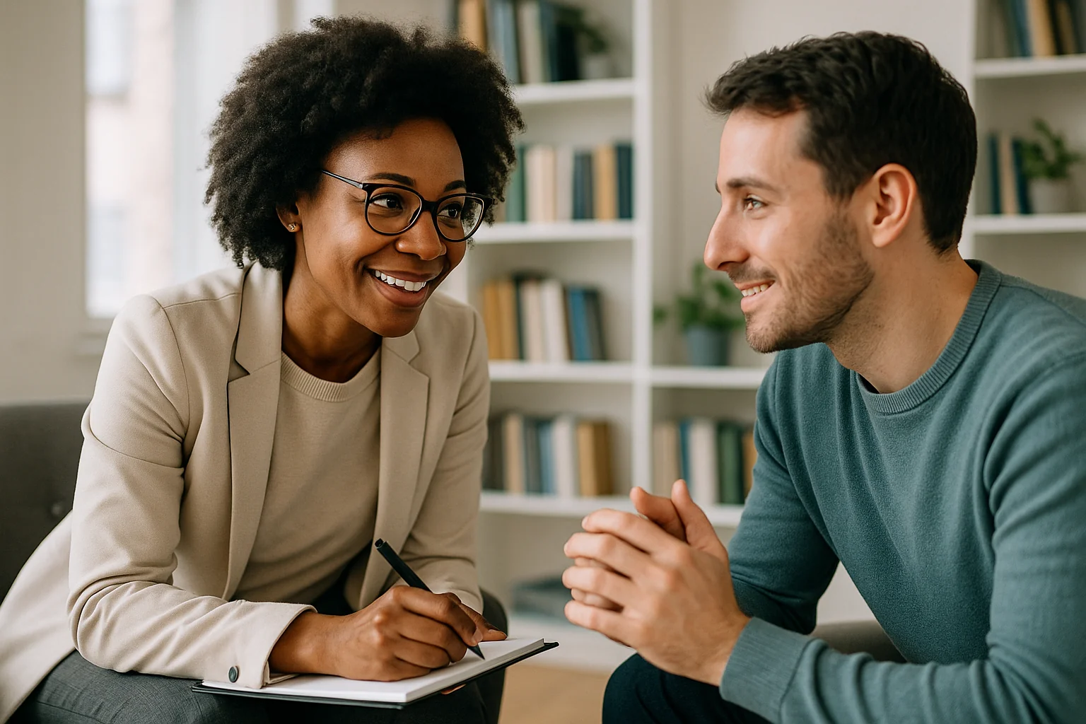 Therapist and client in conversation, warm and attentive body language in a modern office