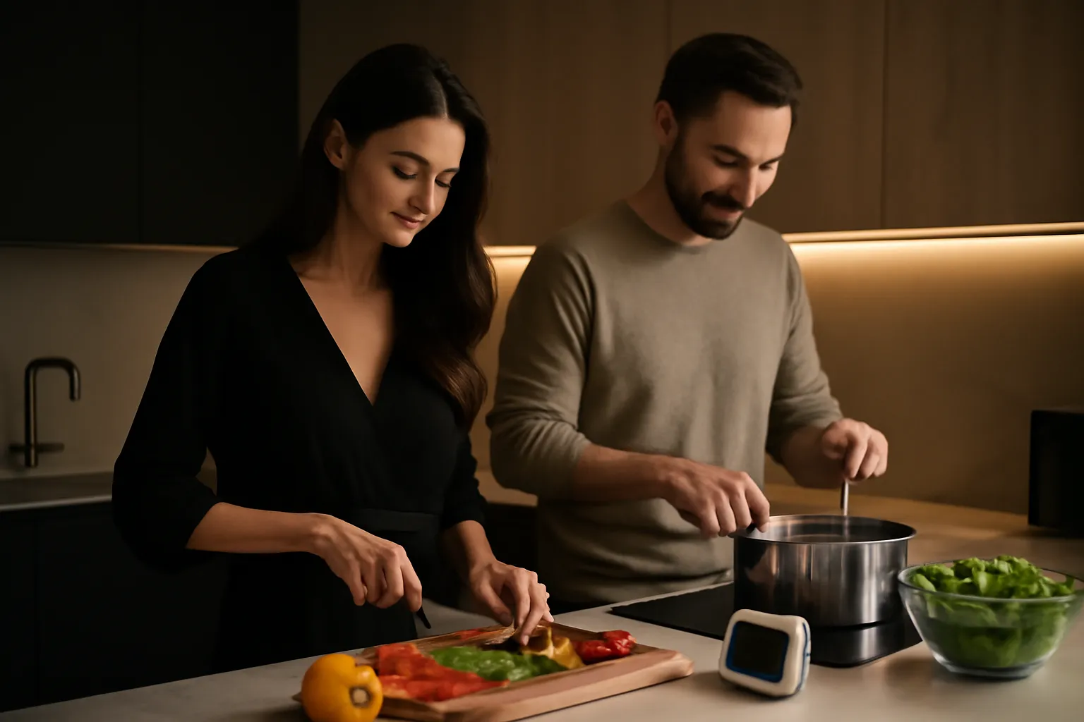 A couple cooking dinner together in a kitchen with a baby monitor on the counter