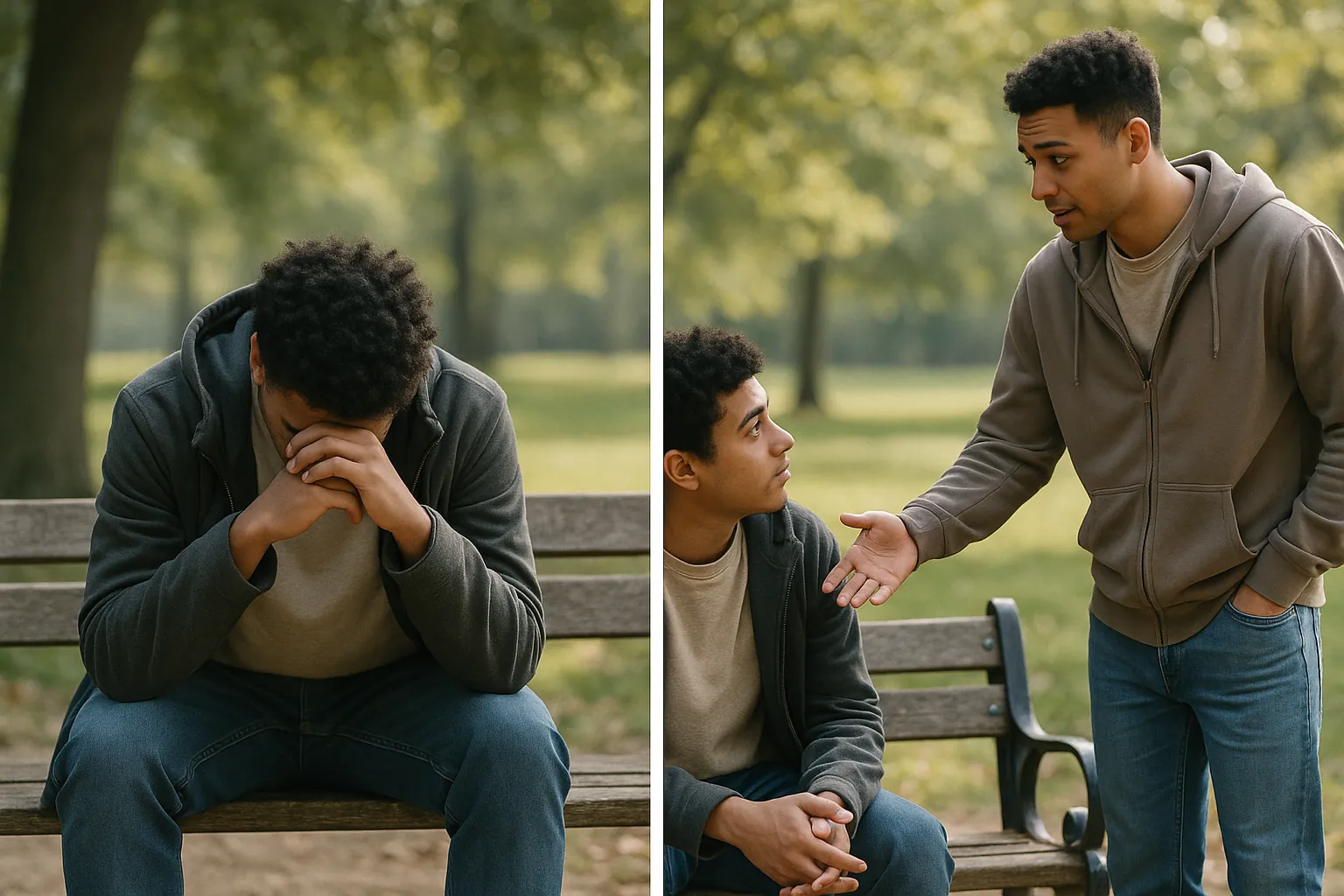 Deux amis se retrouvant dans un parc, illustrant le passage de l'isolement au contact social