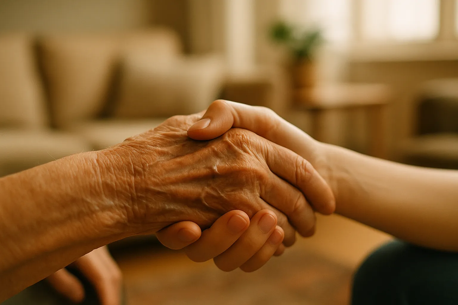 Deux personnes se tenant la main, symbole de l'effet protecteur des liens sociaux proches