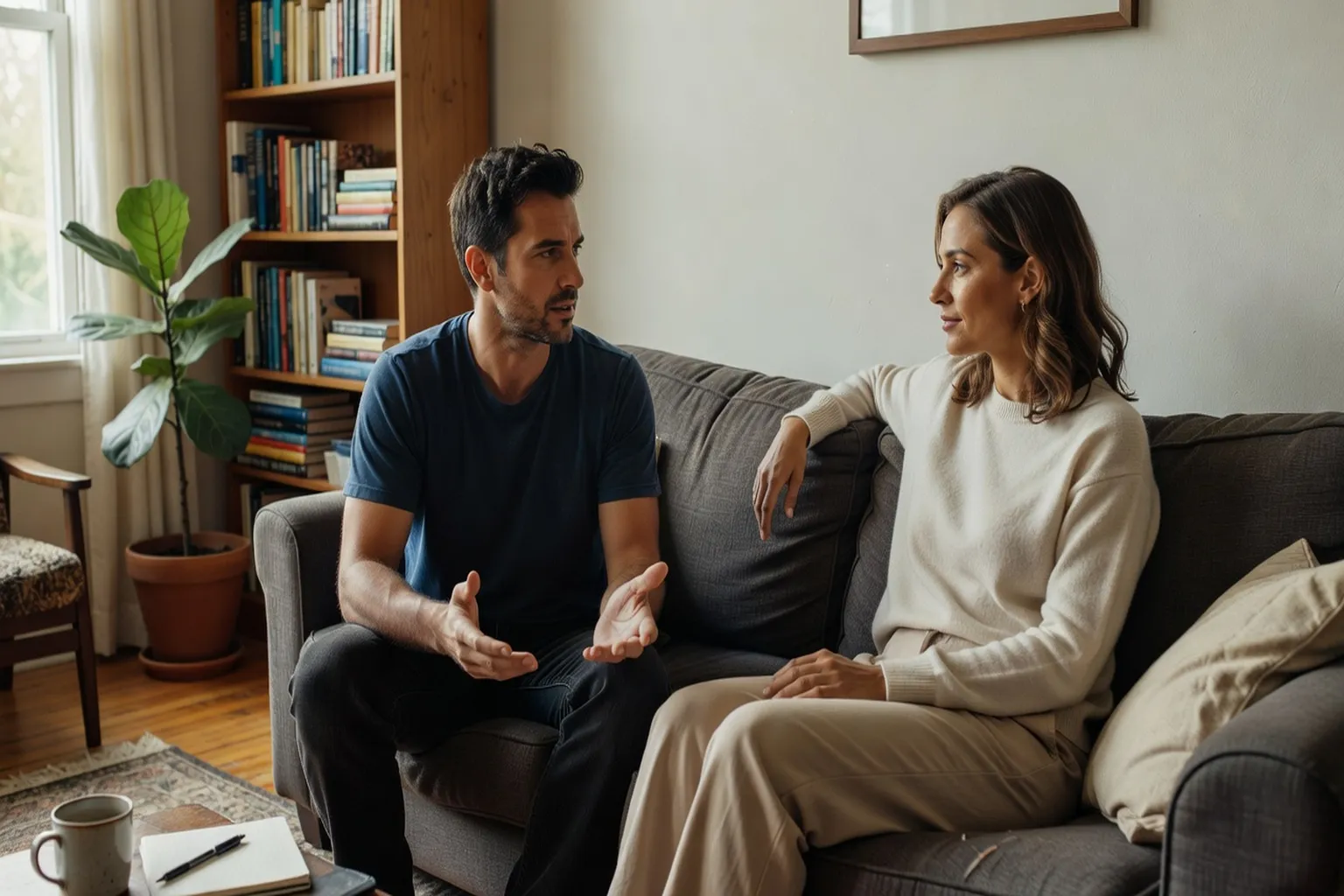 Couple en conversation calme et ouverte, communication bienveillante