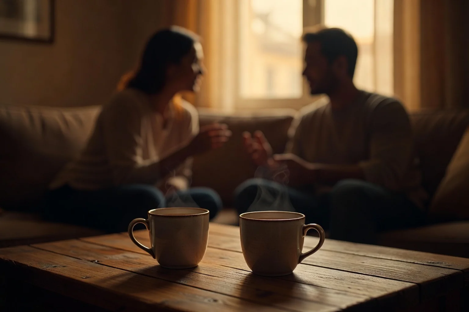 Deux tasses fumantes sur une table de salon devant un couple adulte en conversation paisible, mains jointes, dans une lumière chaude du soir