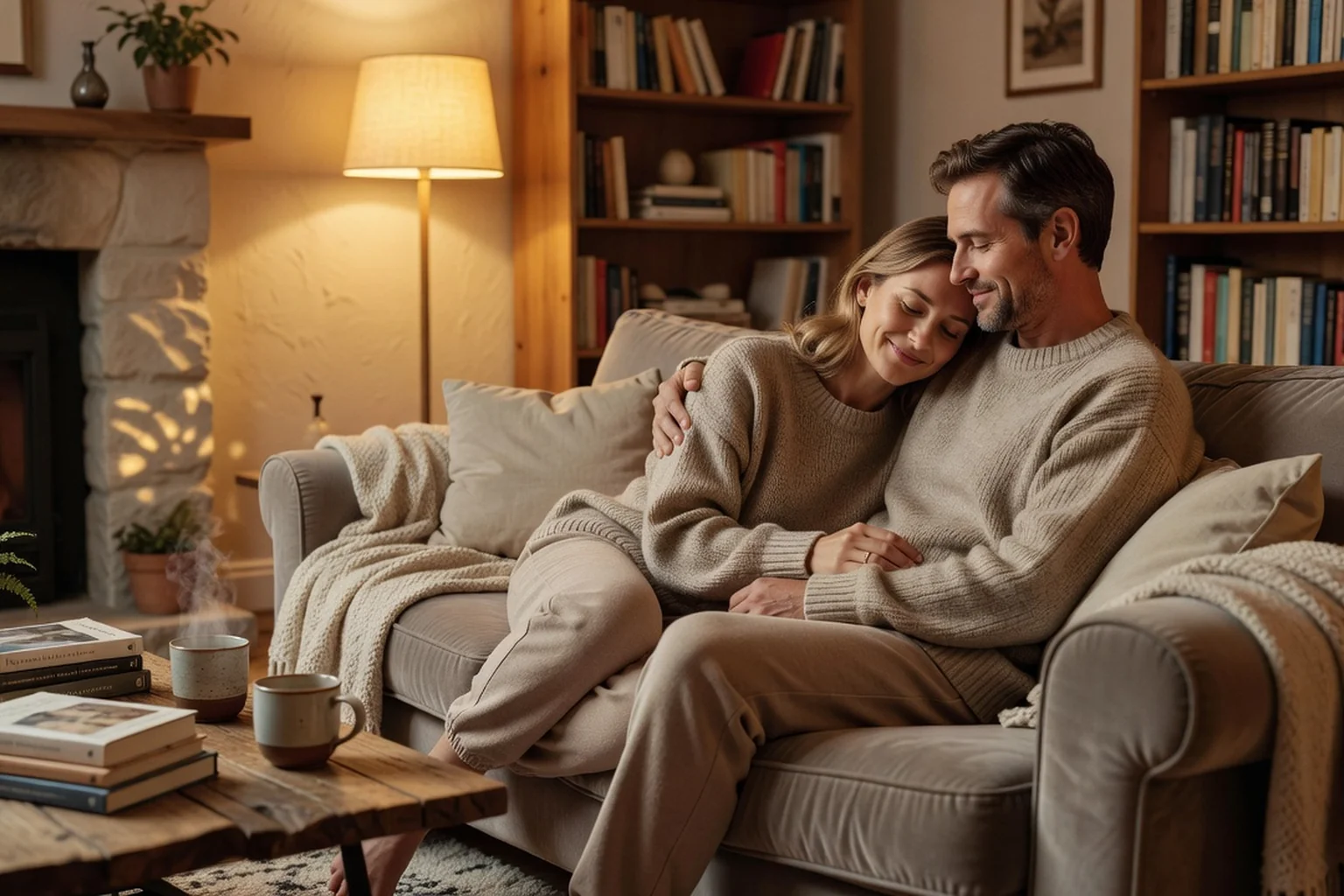 Couple adulte complice partageant un moment de tendresse dans un salon cosy, illustrant le lien entre réactivité et désir