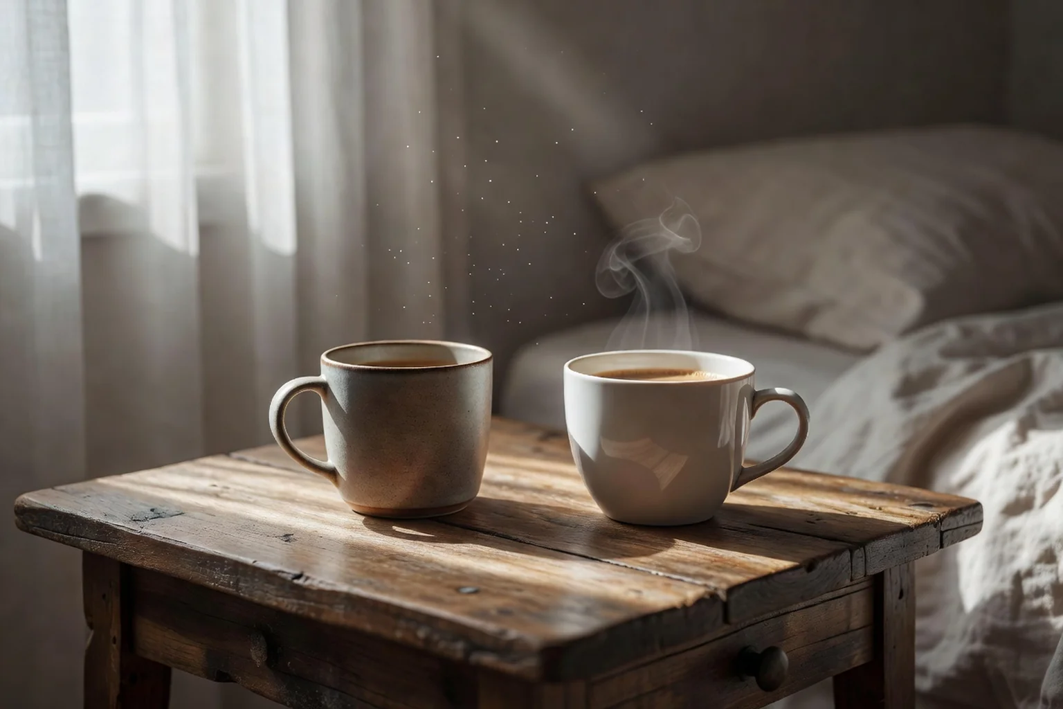 Deux tasses de café sur une table de nuit baignées de lumière matinale, symbole de l'intimité quotidienne qui soutient le désir