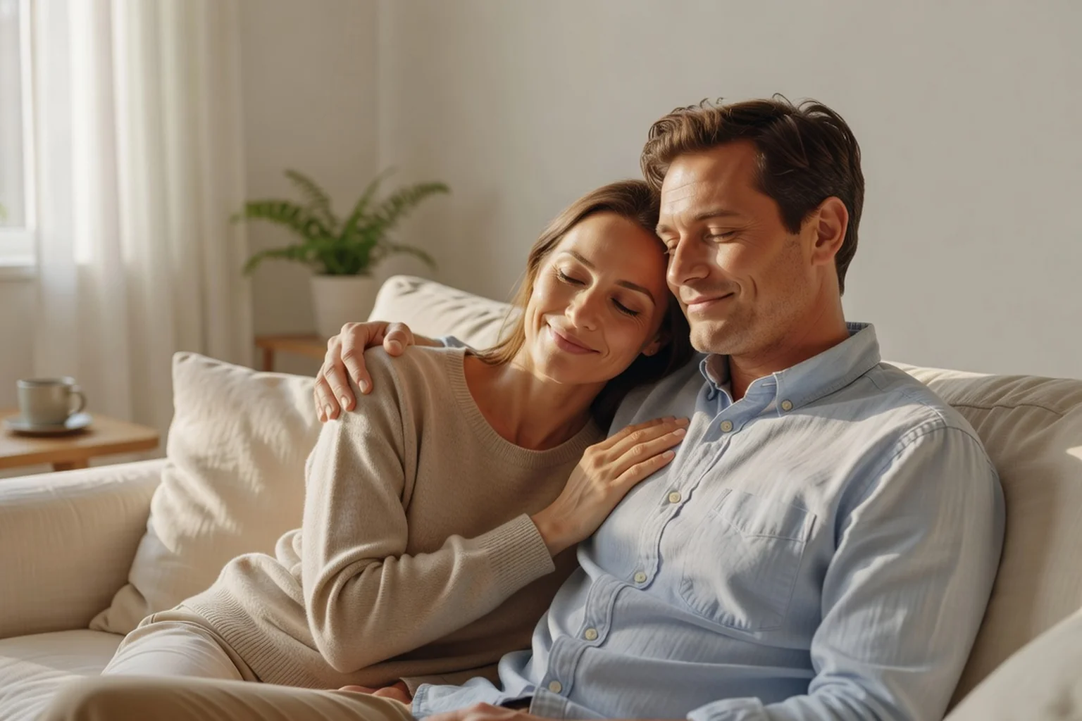 Adult couple sitting side by side on a sofa, calm and relaxed, one gently resting a hand on the other's shoulder in a bright living room