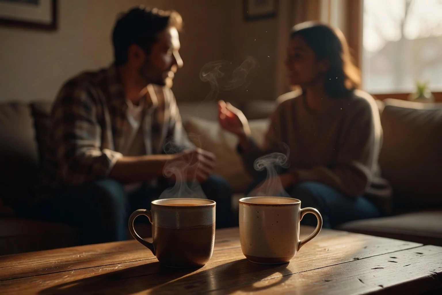 Two steaming mugs on a coffee table in front of an adult couple talking peacefully, hands joined, in warm evening light