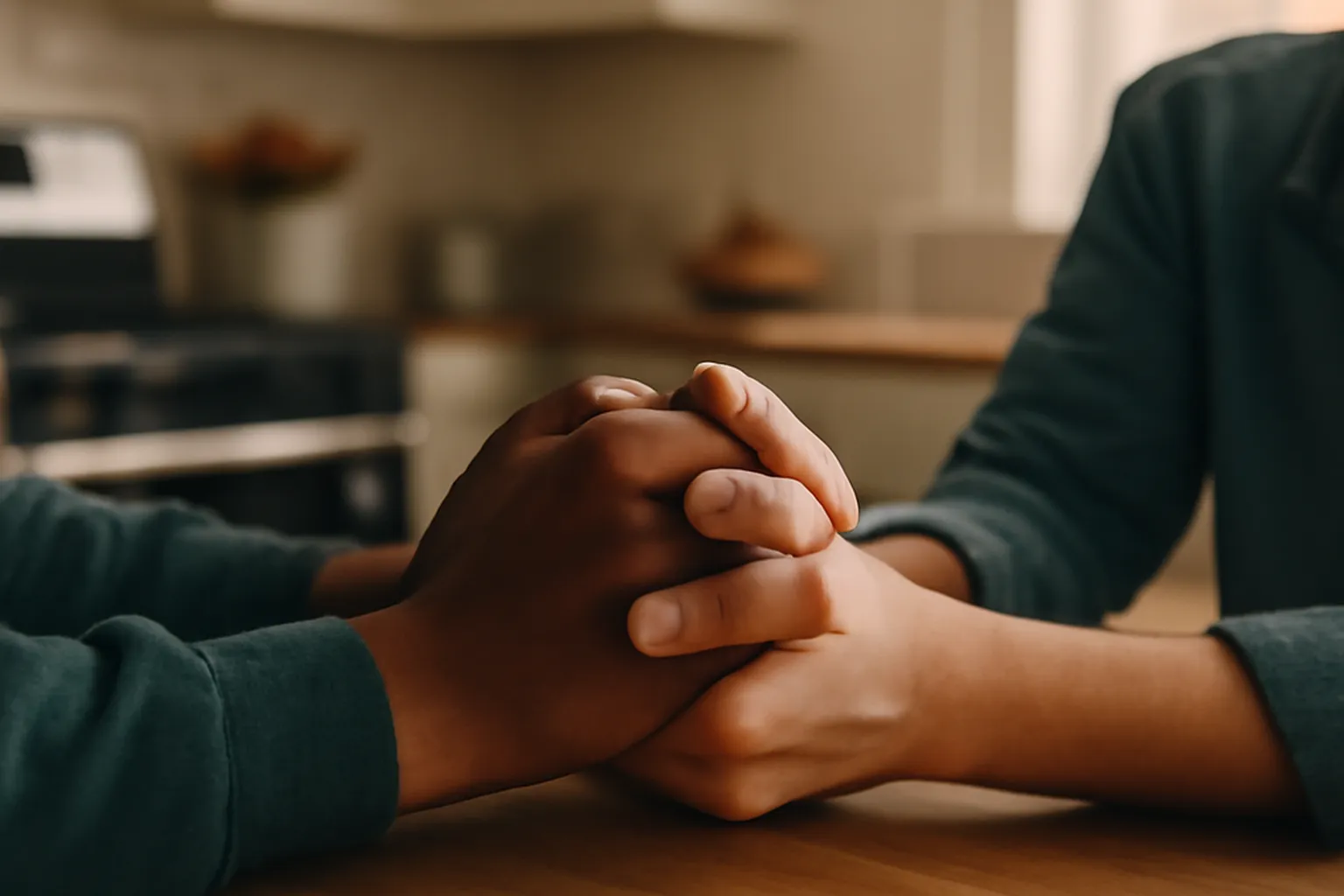 Two hands clasped together, symbolic of forgiveness and reconciliation
