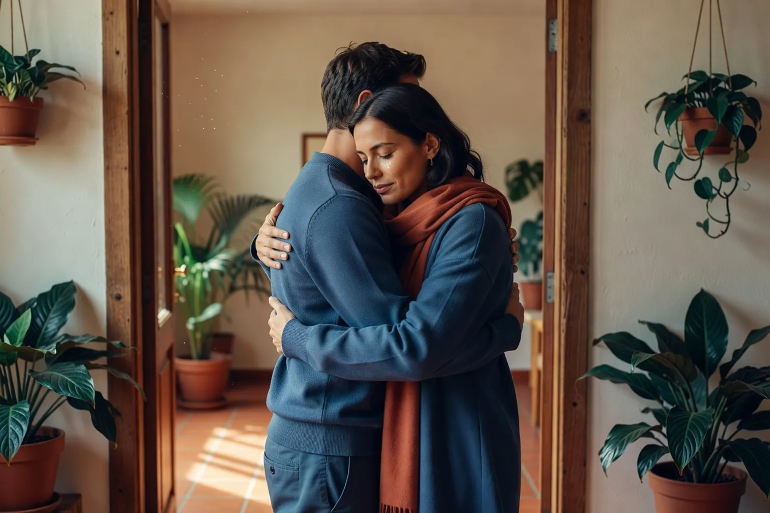 Couple embracing warmly, gesture of emotional release and forgiveness
