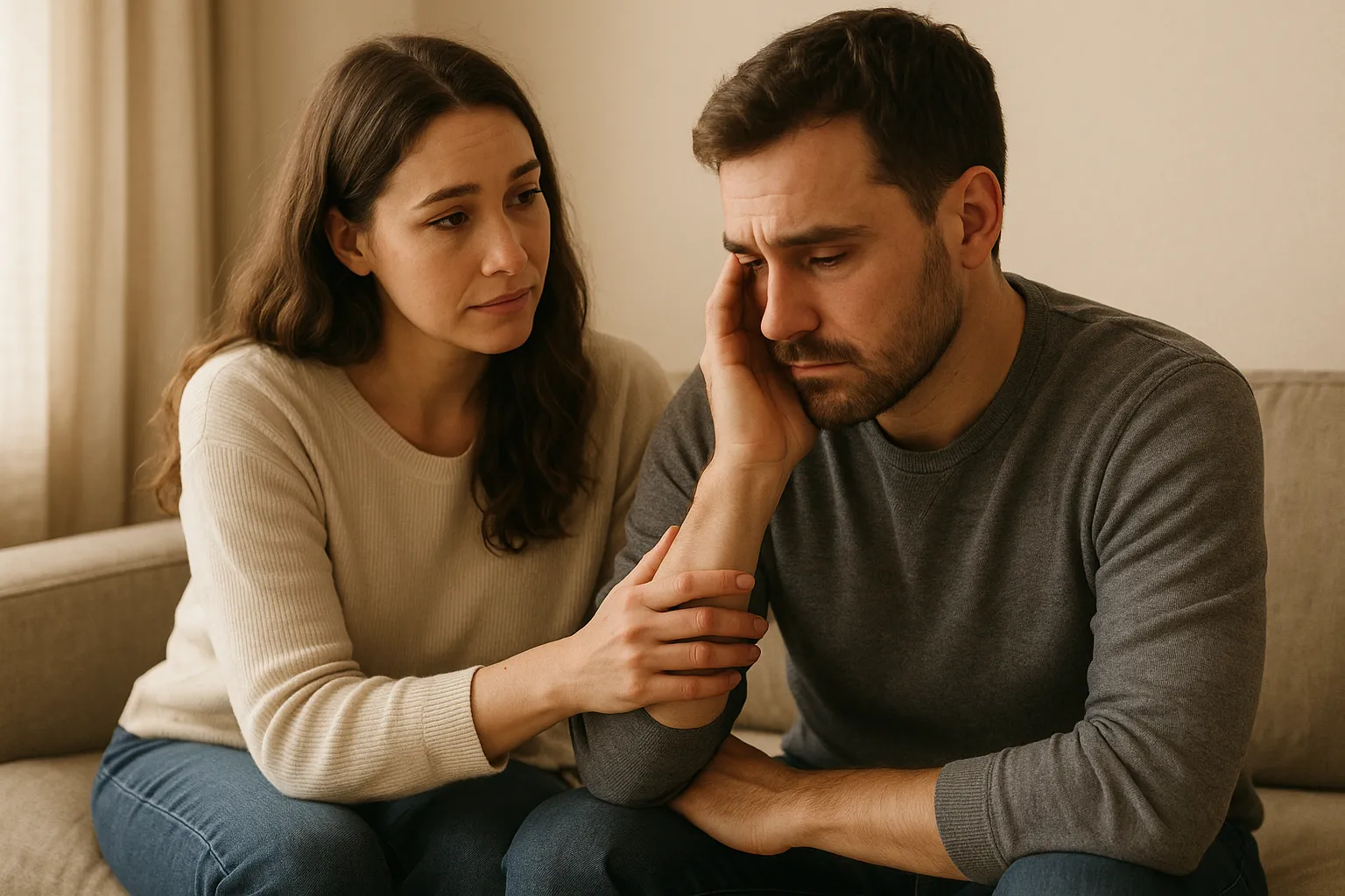 Femme assise sur un canapé, posant une main apaisée sur le bras de son partenaire, dans une attitude d'écoute