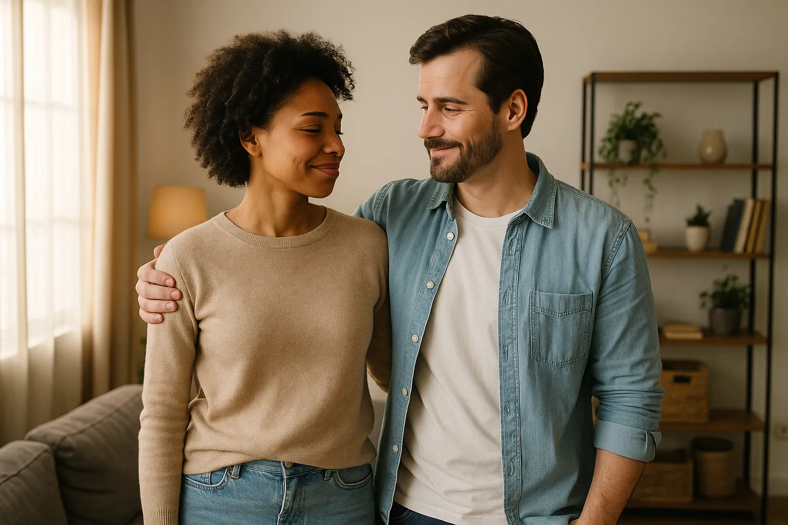 Couple debout côte à côte, se regardant avec un sourire apaisé après une discussion