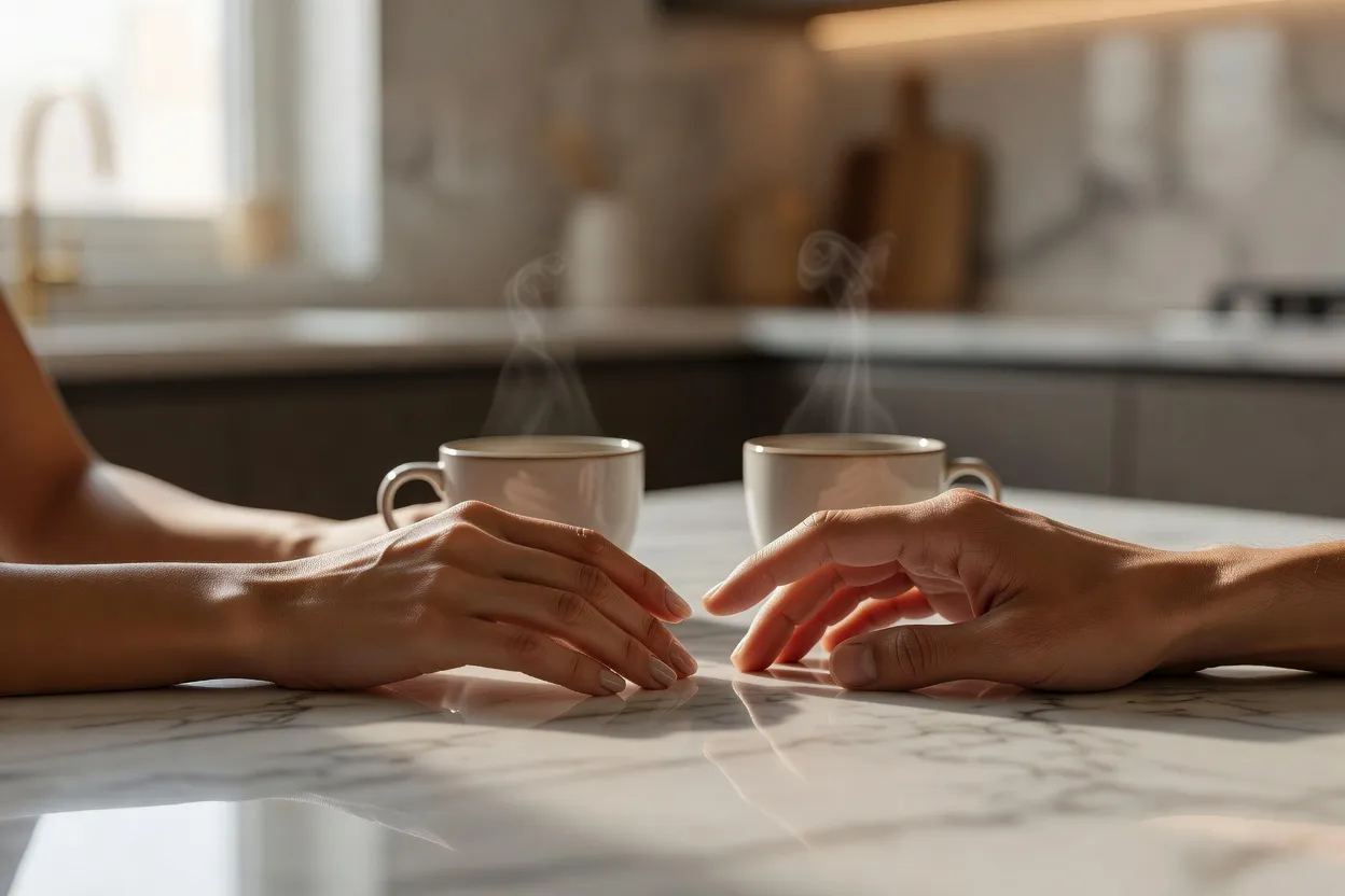 Gros plan sur des mains proches l'une de l'autre autour d'un cafe matinal