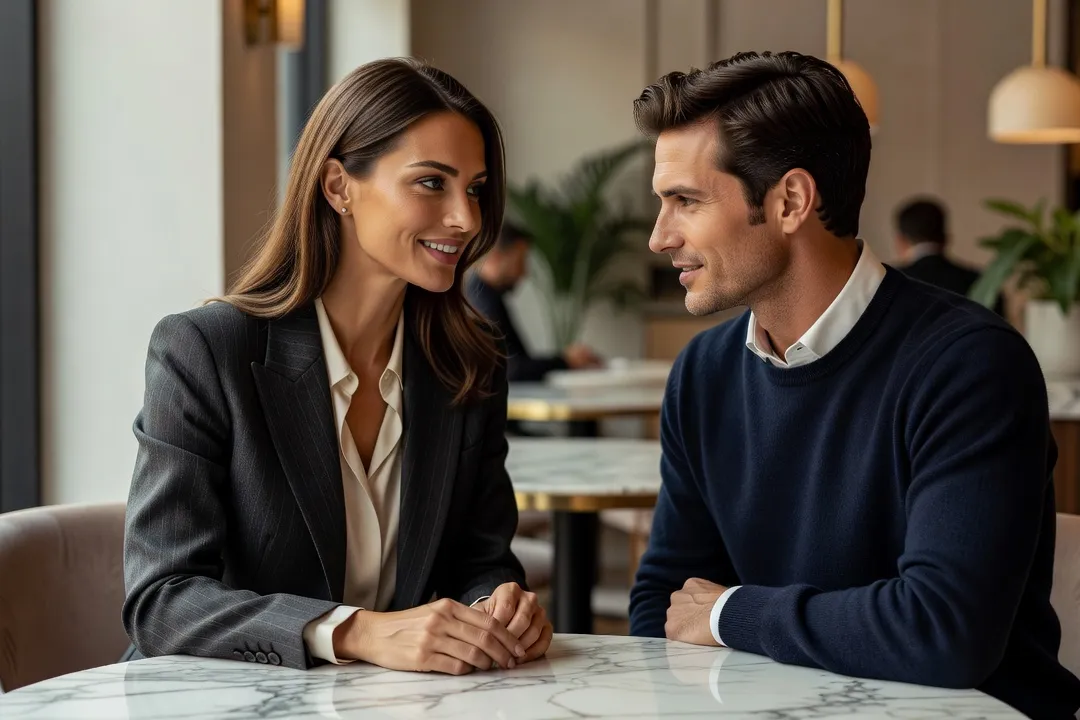 Couple en conversation attentive a une table de cafe
