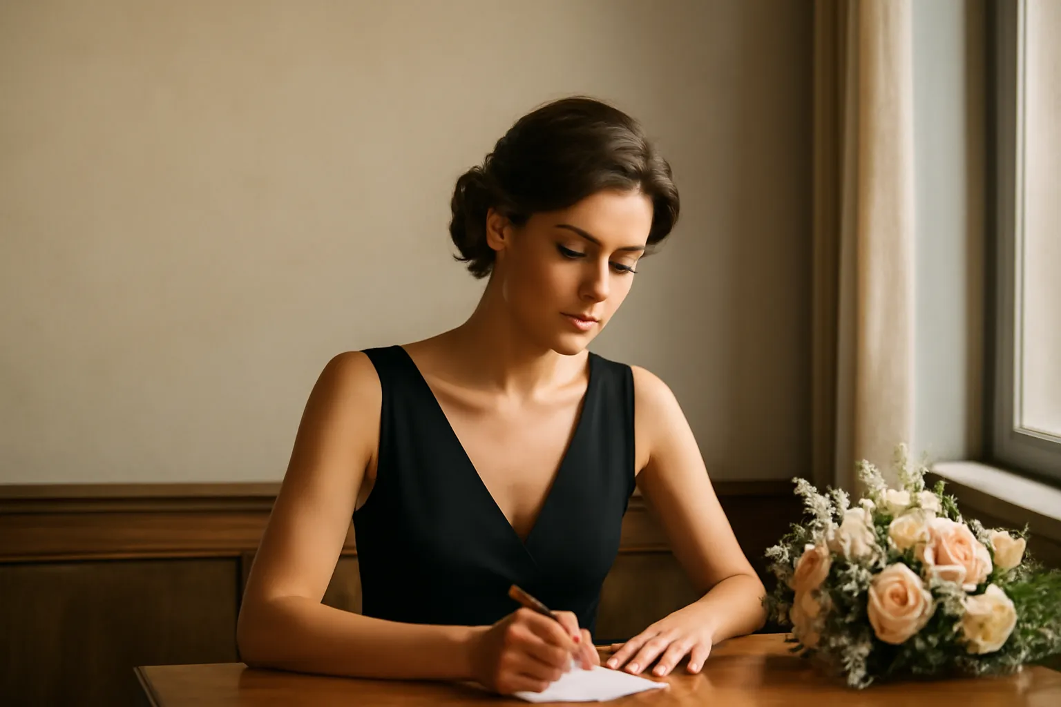 Une femme écrivant un petit mot manuscrit à son bureau, près d'un bouquet de fleurs