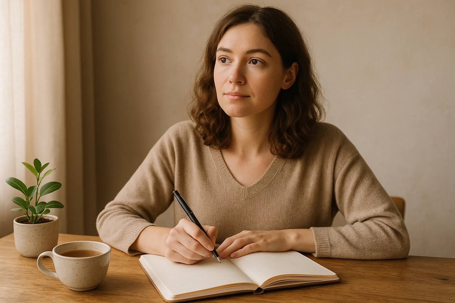 Person journaling about attachment patterns with a calm morning light