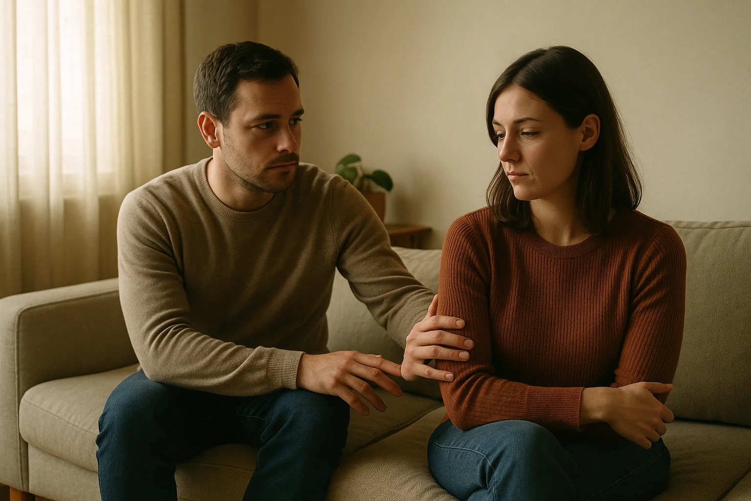 Two people sitting apart on a sofa, one reaching out, the other turned away