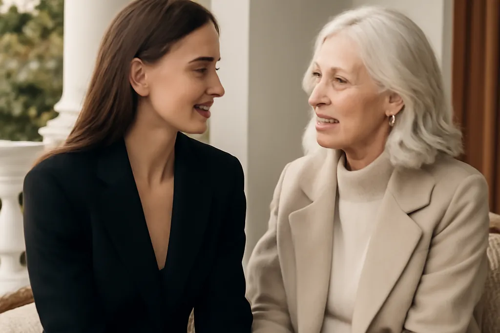 Un adulte et une figure de mentorat plus agee en conversation chaleureuse et soutenante