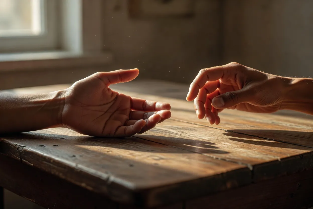 Two hands reaching toward each other — rebuilding trust after betrayal