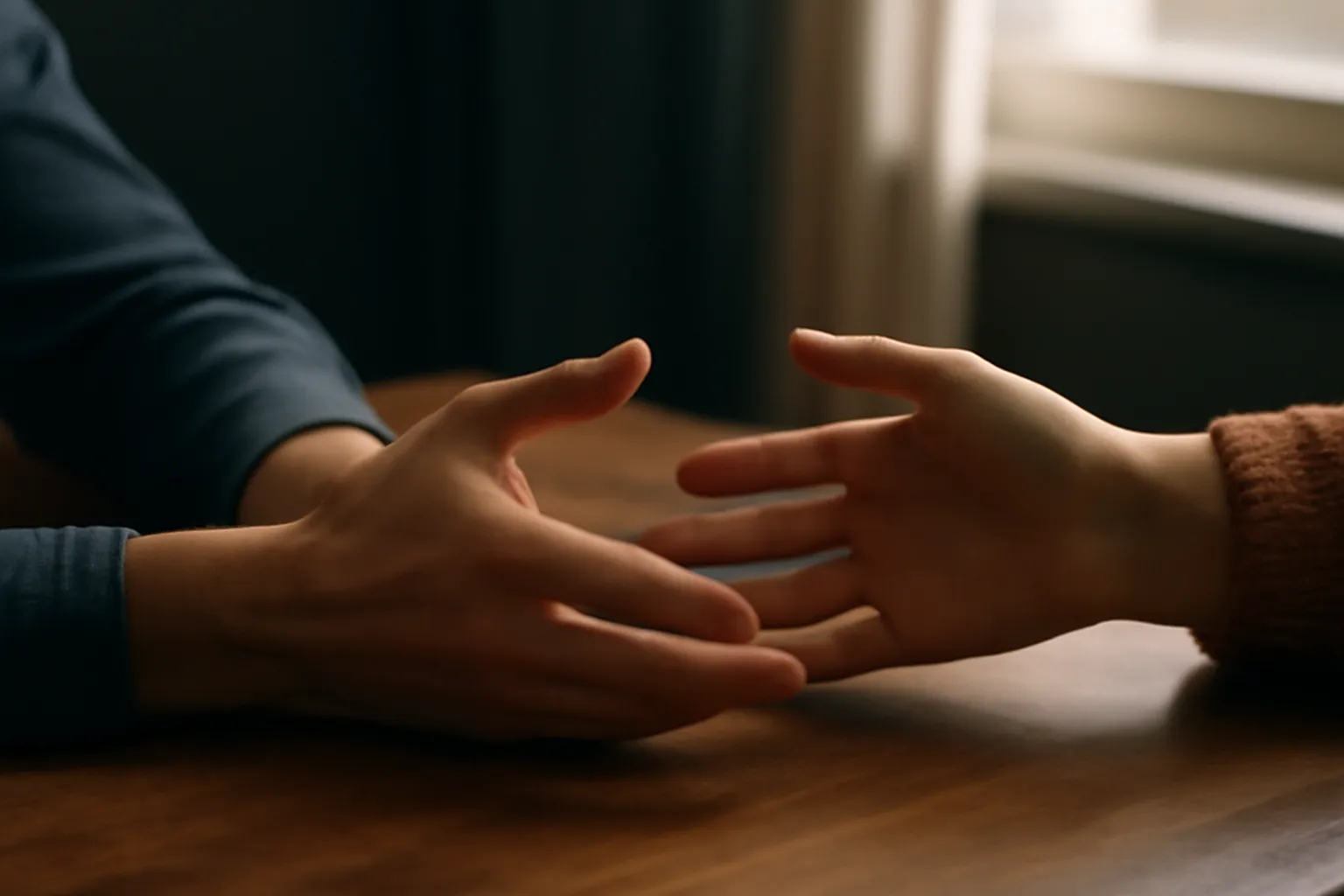 Geste de réconciliation entre deux mains, symbole de la réparation après un conflit de couple