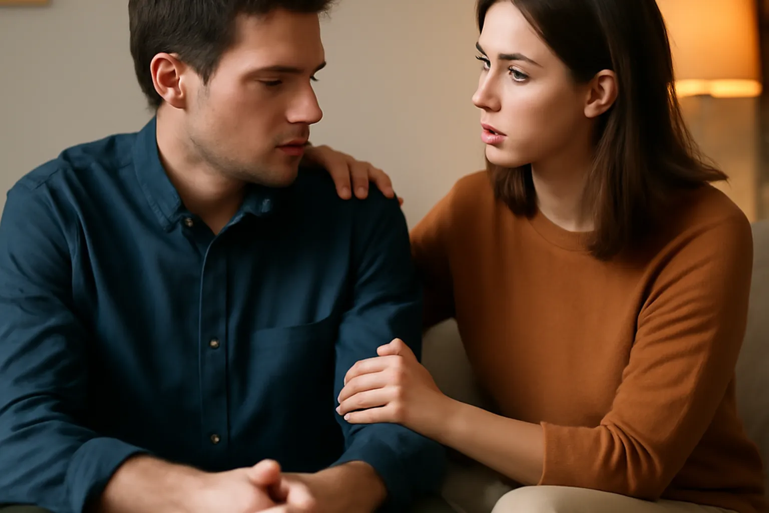 Couple en pleine conversation apaisée, reconstruction de la confiance après une crise de jalousie