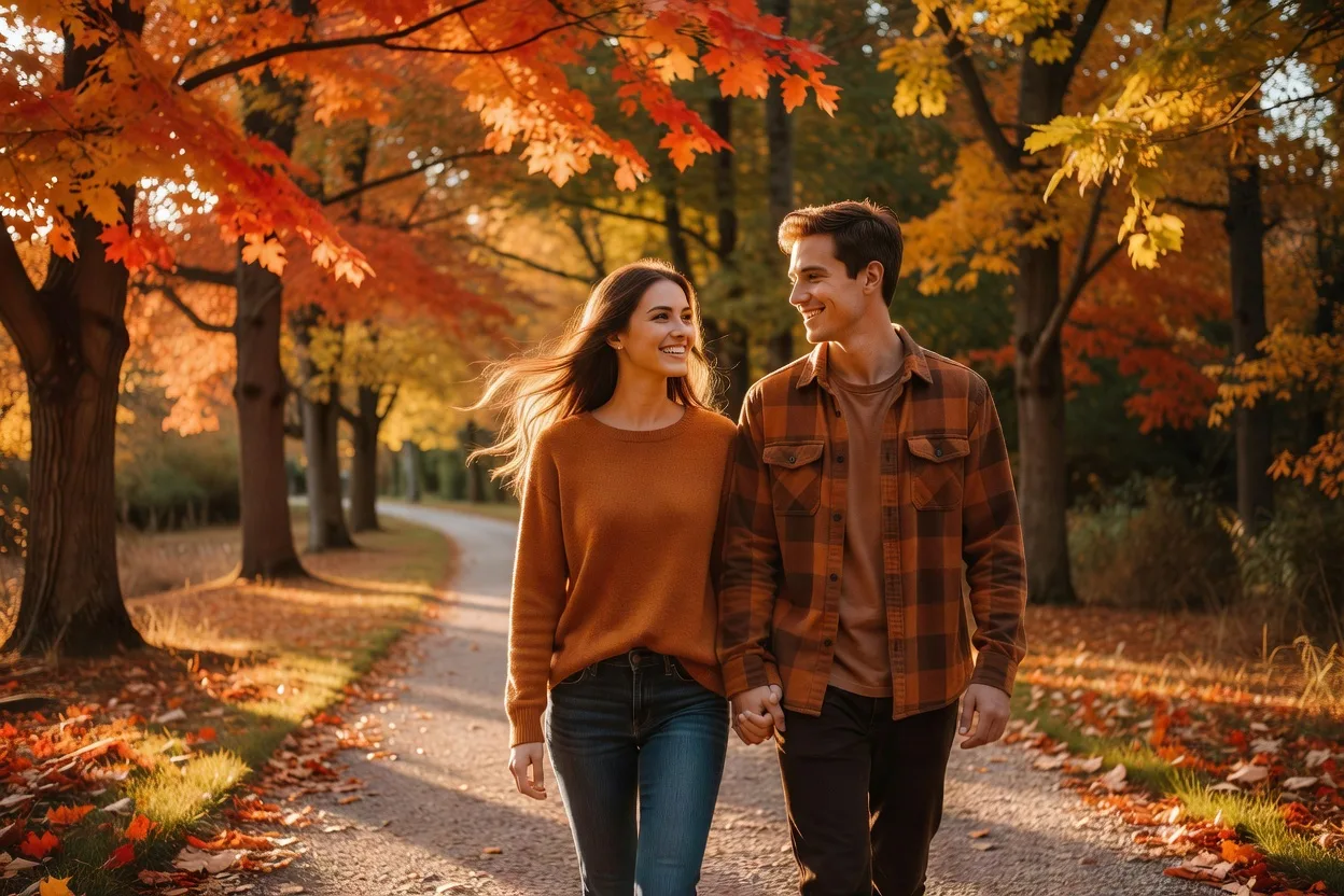 Couple se tenant la main tendrement en marchant, toucher physique affectueux