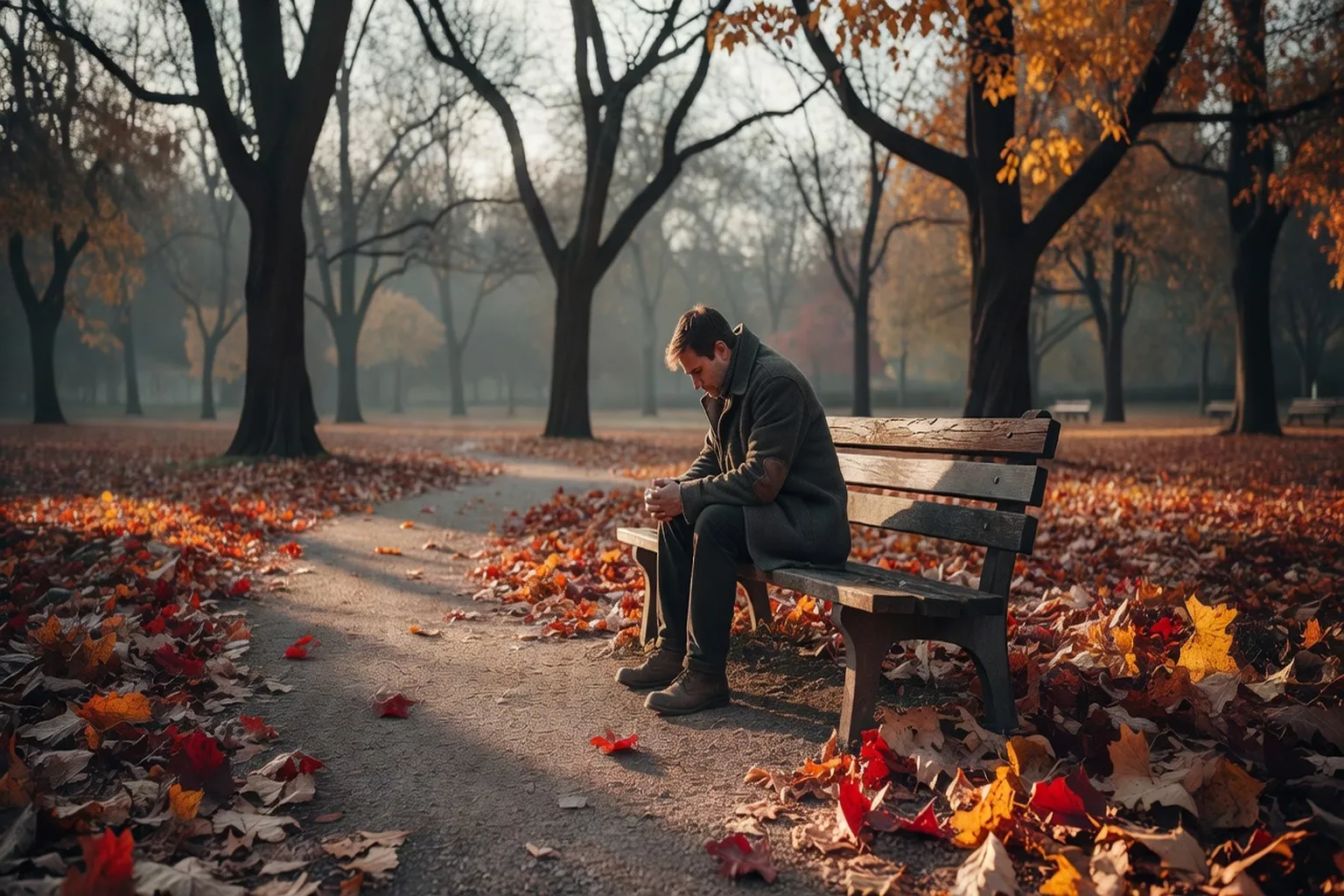 Lone individual on a park bench in autumn light, solitude and reflection