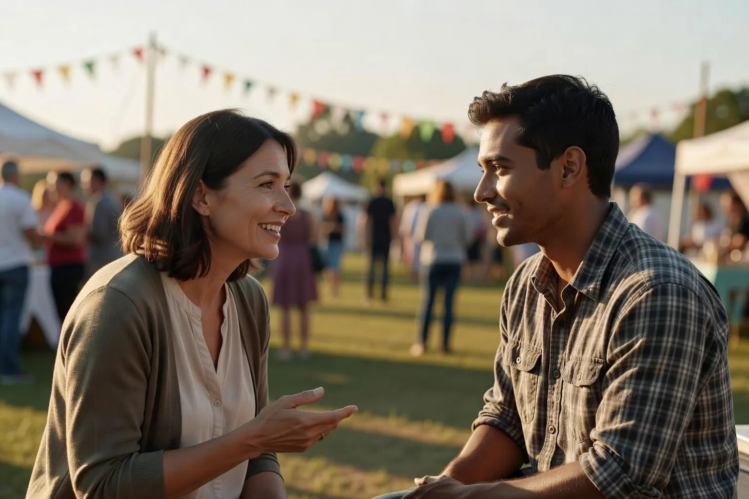 Two strangers connecting in conversation, unexpected social bond