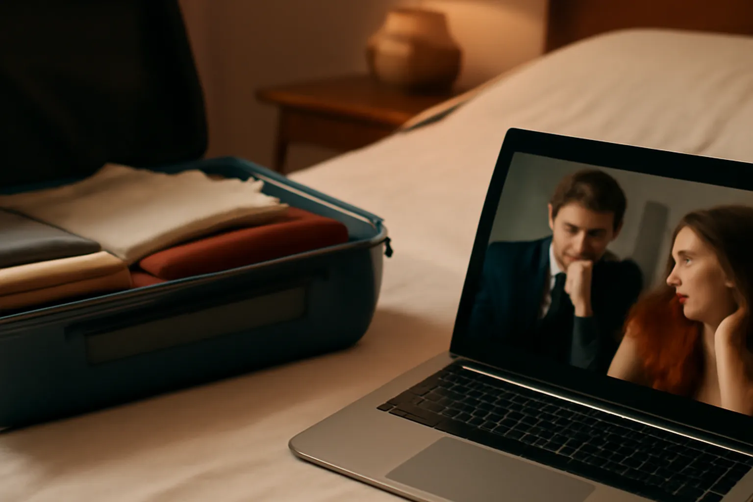Suitcase and laptop showing a video call, illustrating maintaining connection across distance