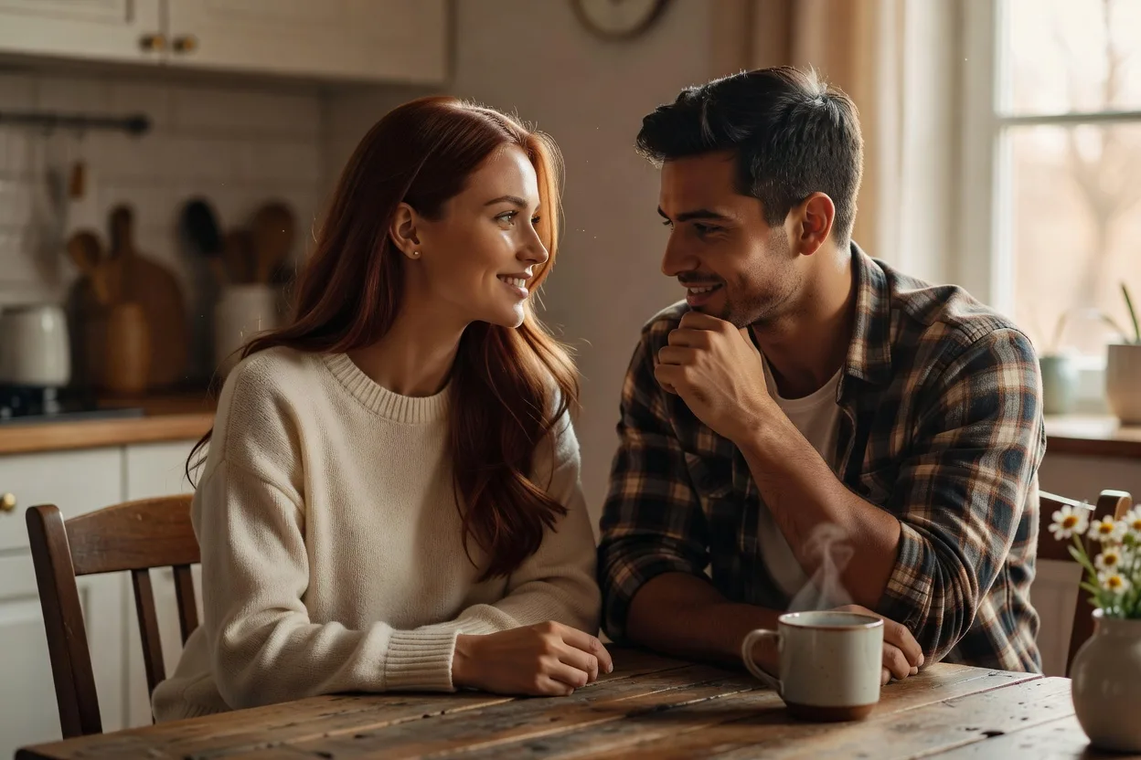 Couple sitting at a kitchen table in attentive conversation, quality time