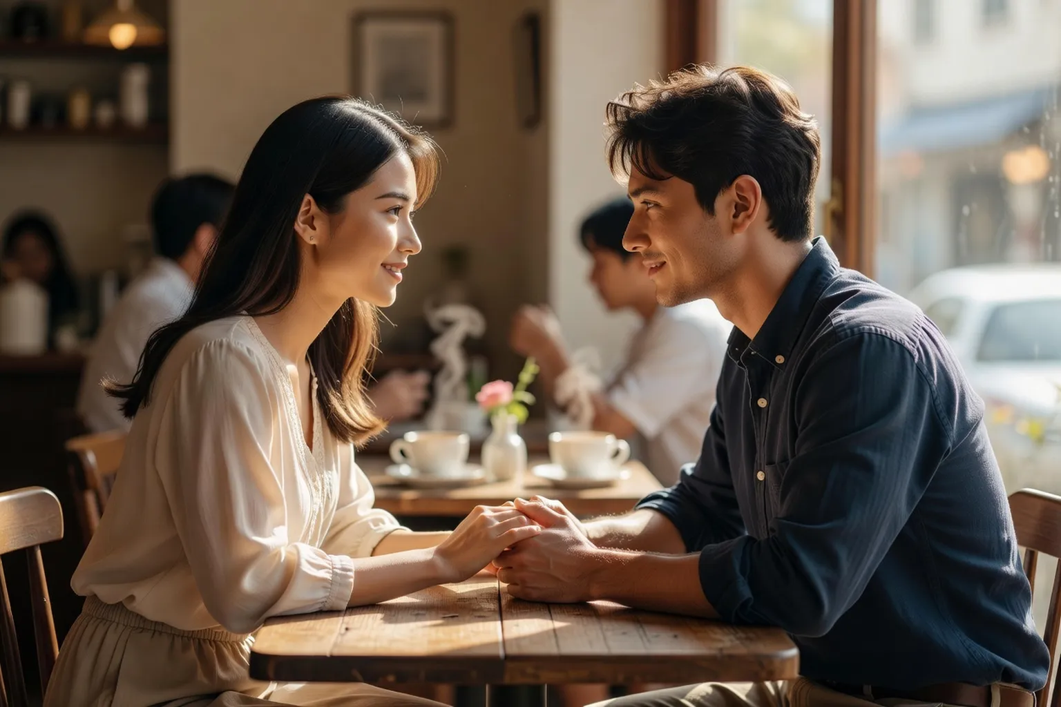 Romantic couple holding hands across a cafe table, Eros love style