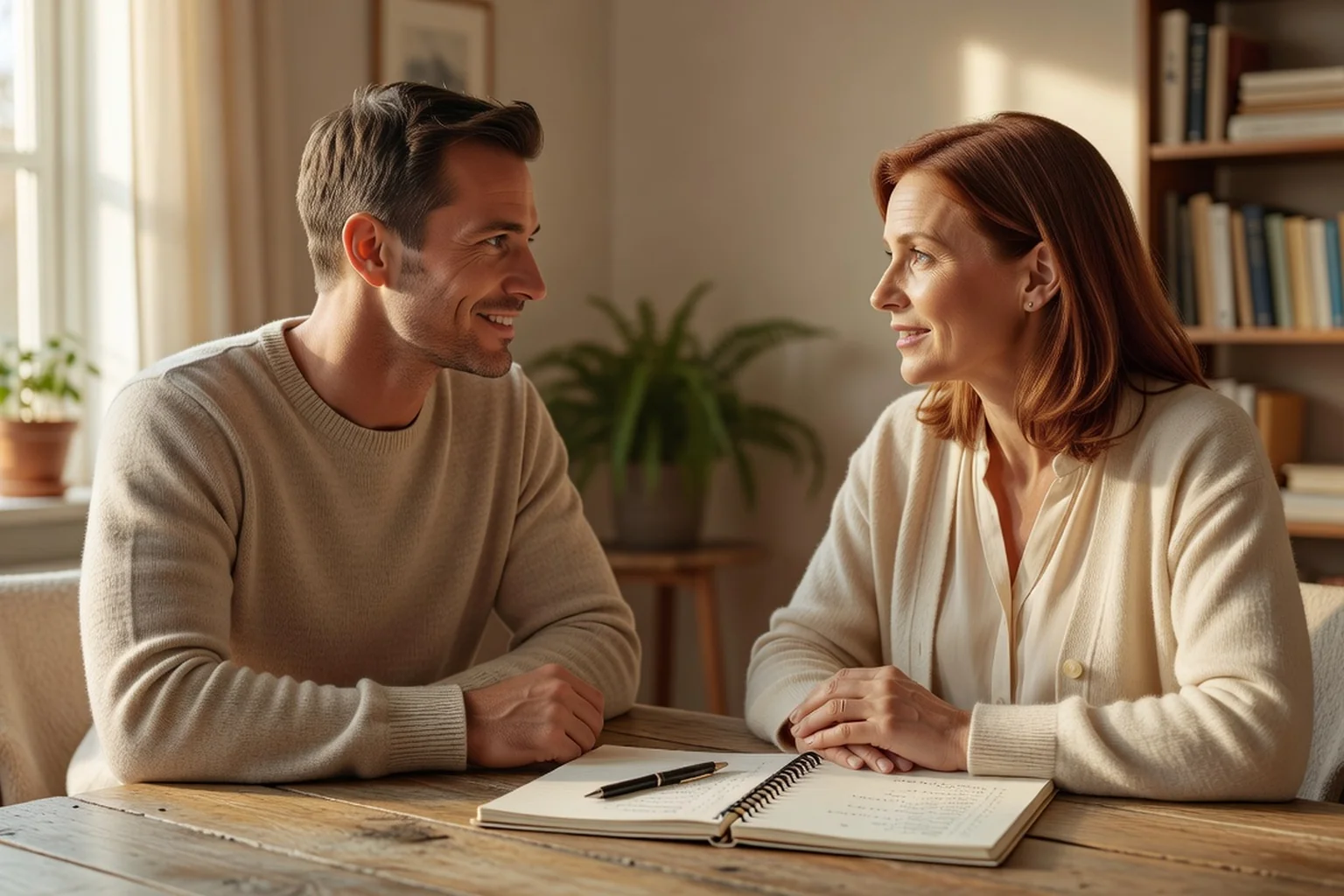 Two partners at a table explicitly dividing household tasks on a written list