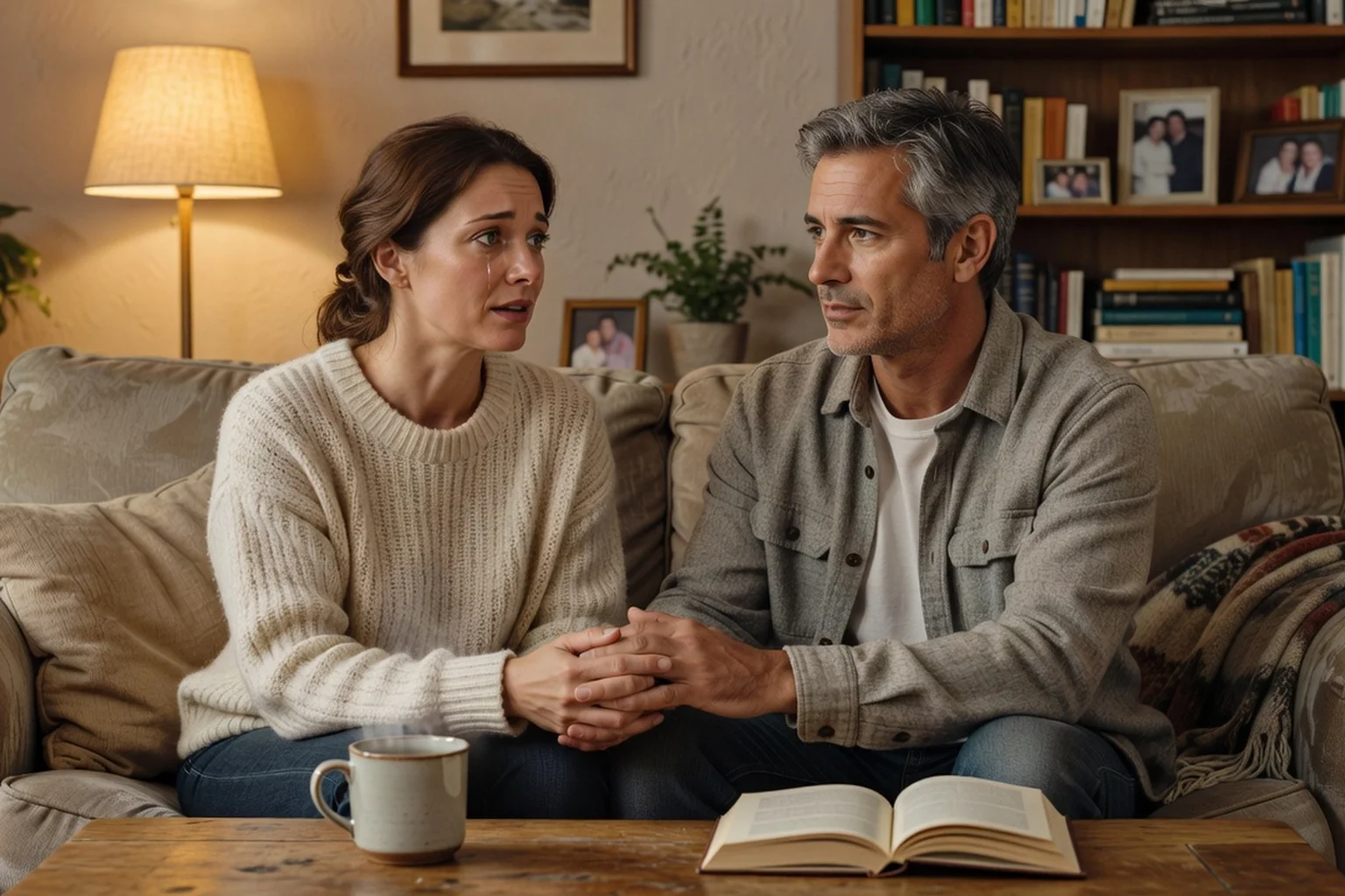Adult woman sharing her feelings while her partner listens with empathy on a sofa in a cozy living room