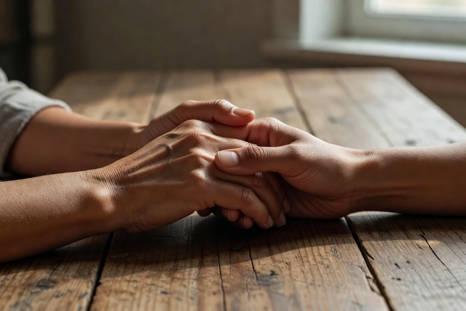Close-up of two people holding hands in support across a wooden table in soft light, symbolic of care and understanding
