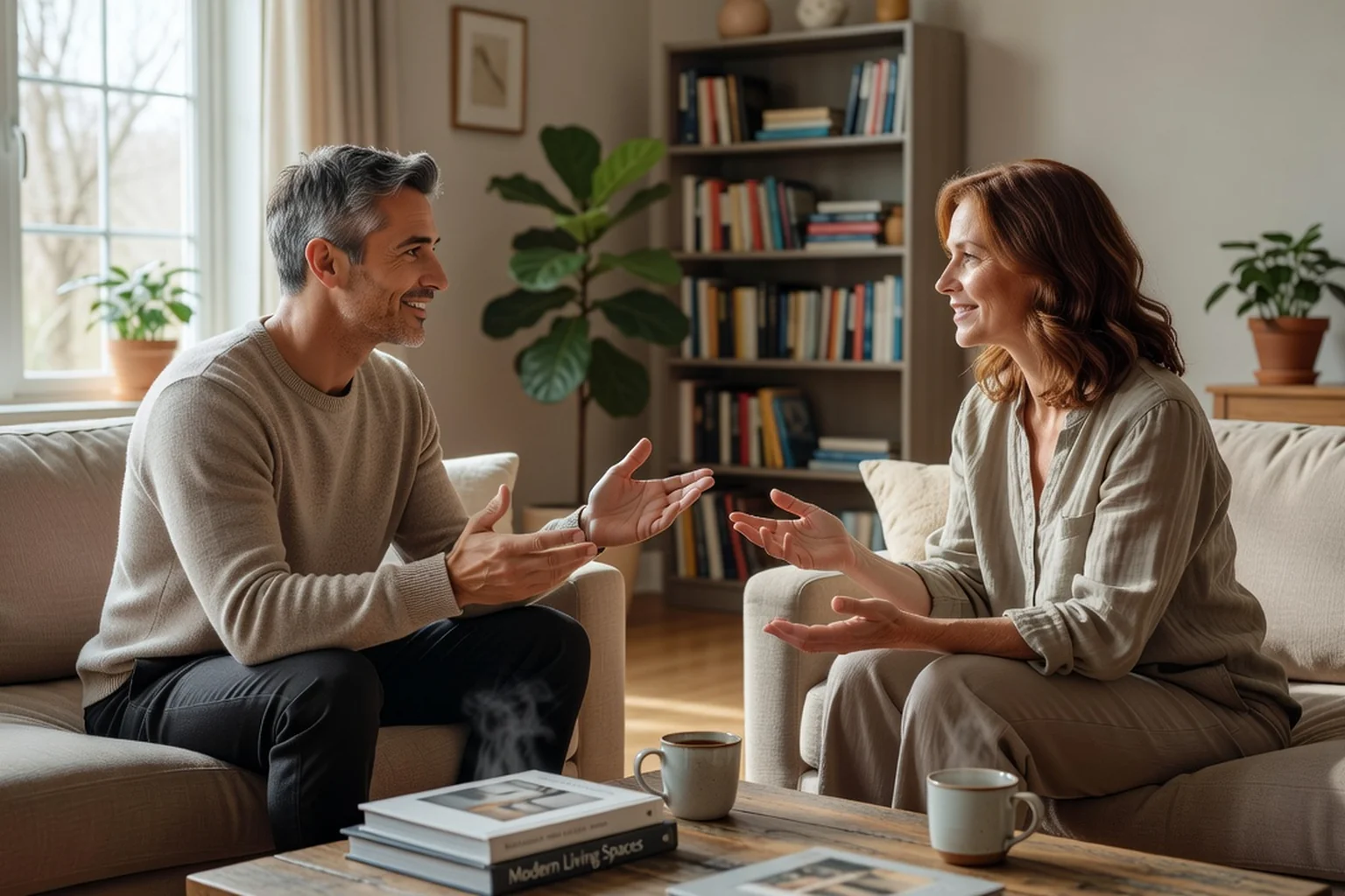 Couple adulte en conversation apaisée face à face dans un salon lumineux, gestuelle ouverte, illustrant l'écoute active