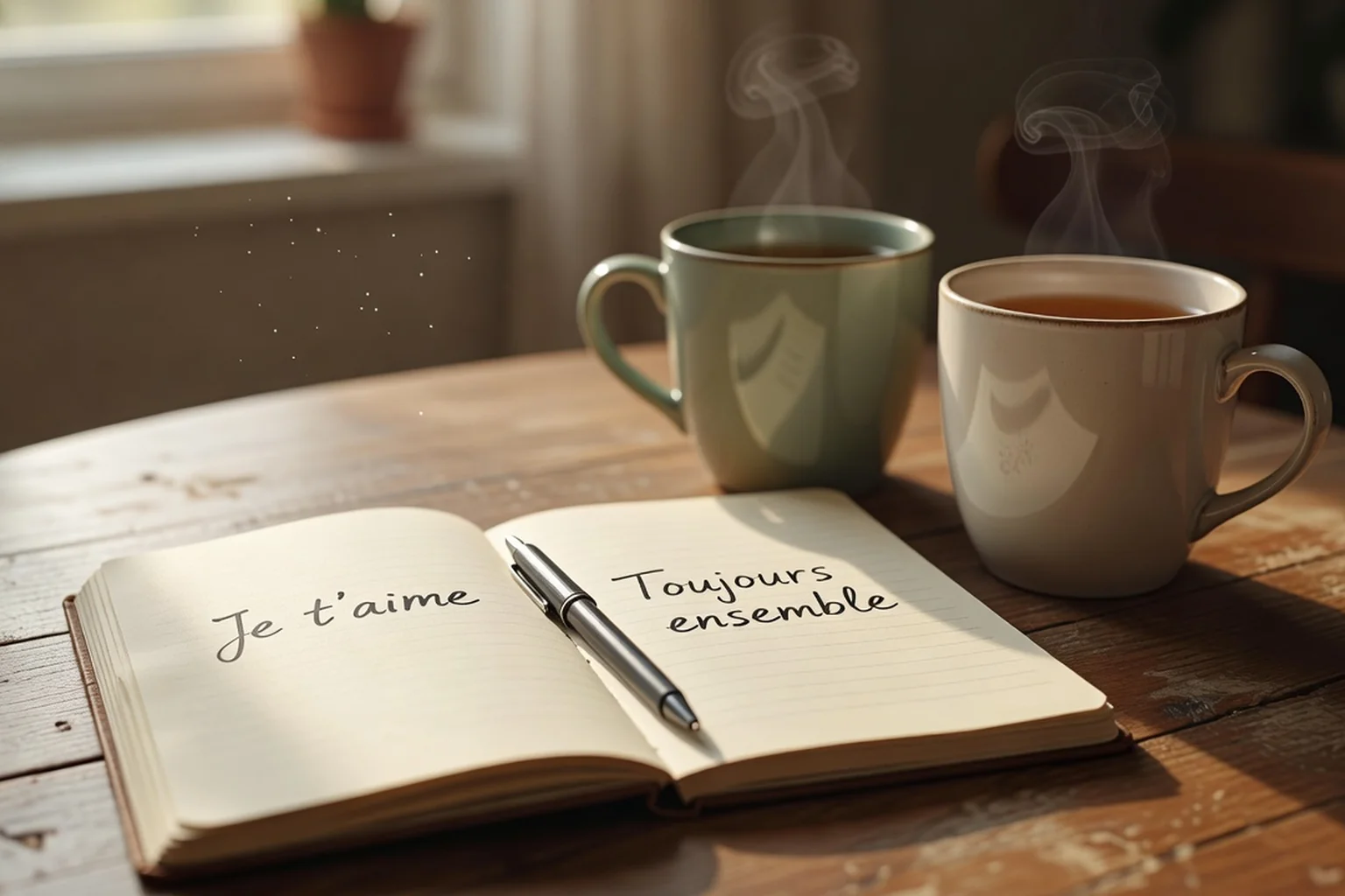Carnet ouvert avec un stylo et deux tasses de thé fumantes sur une table en bois, symbolisant les conversations qui font se sentir compris