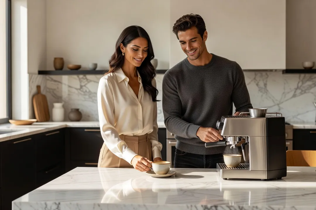Couple preparant du cafe ensemble dans une cuisine ensoleillee