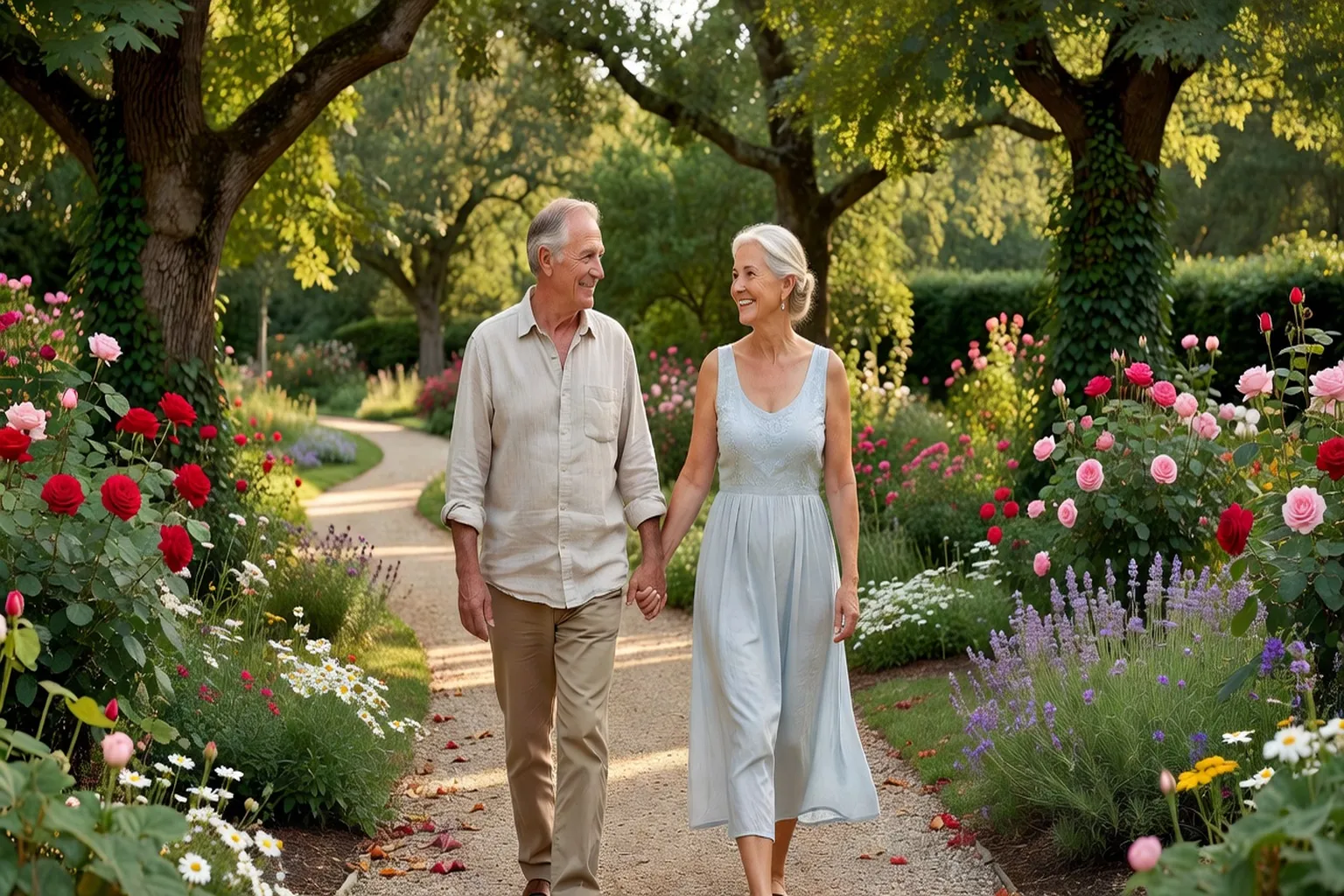 Married couple walking hand in hand, long-term relationship happiness