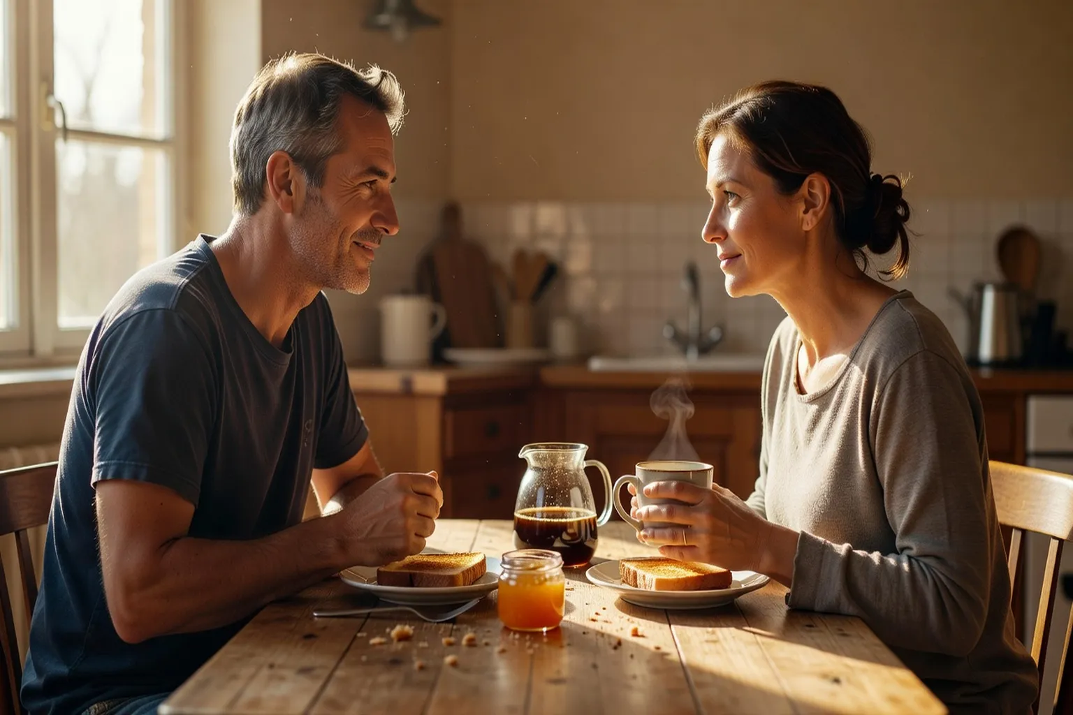 Two people sharing a quiet breakfast, everyday intimacy and connection