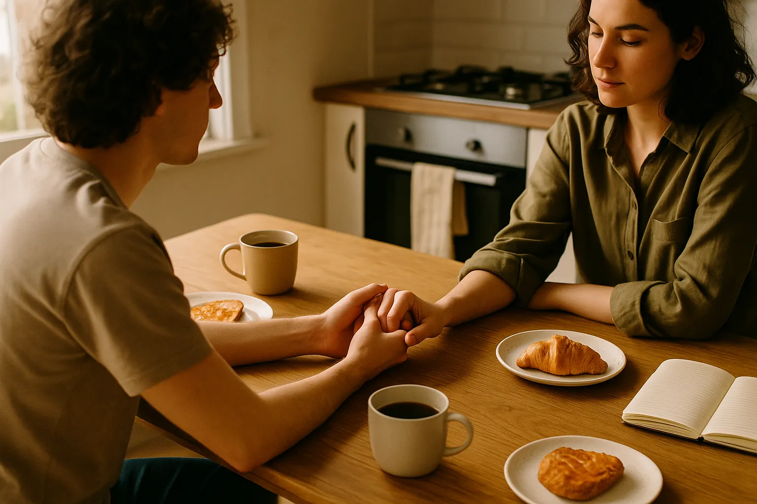 Partenaires se tenant la main à table au petit-déjeuner, un petit geste quotidien de connexion