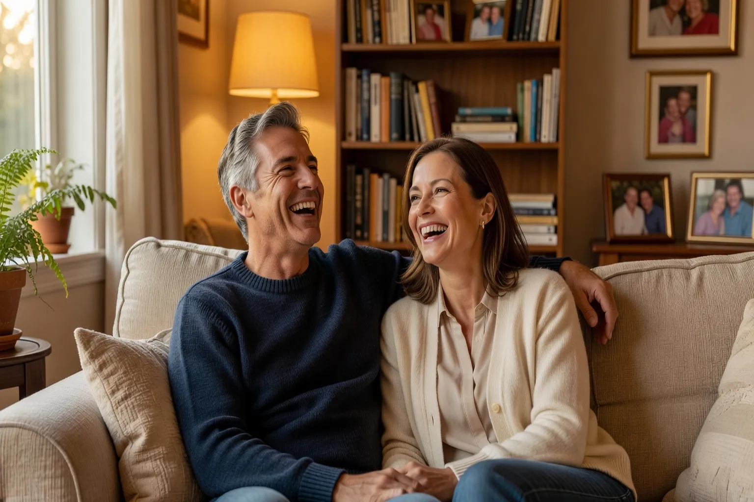 Couple d'âge mûr riant ensemble sur un canapé, bonheur conjugal durable