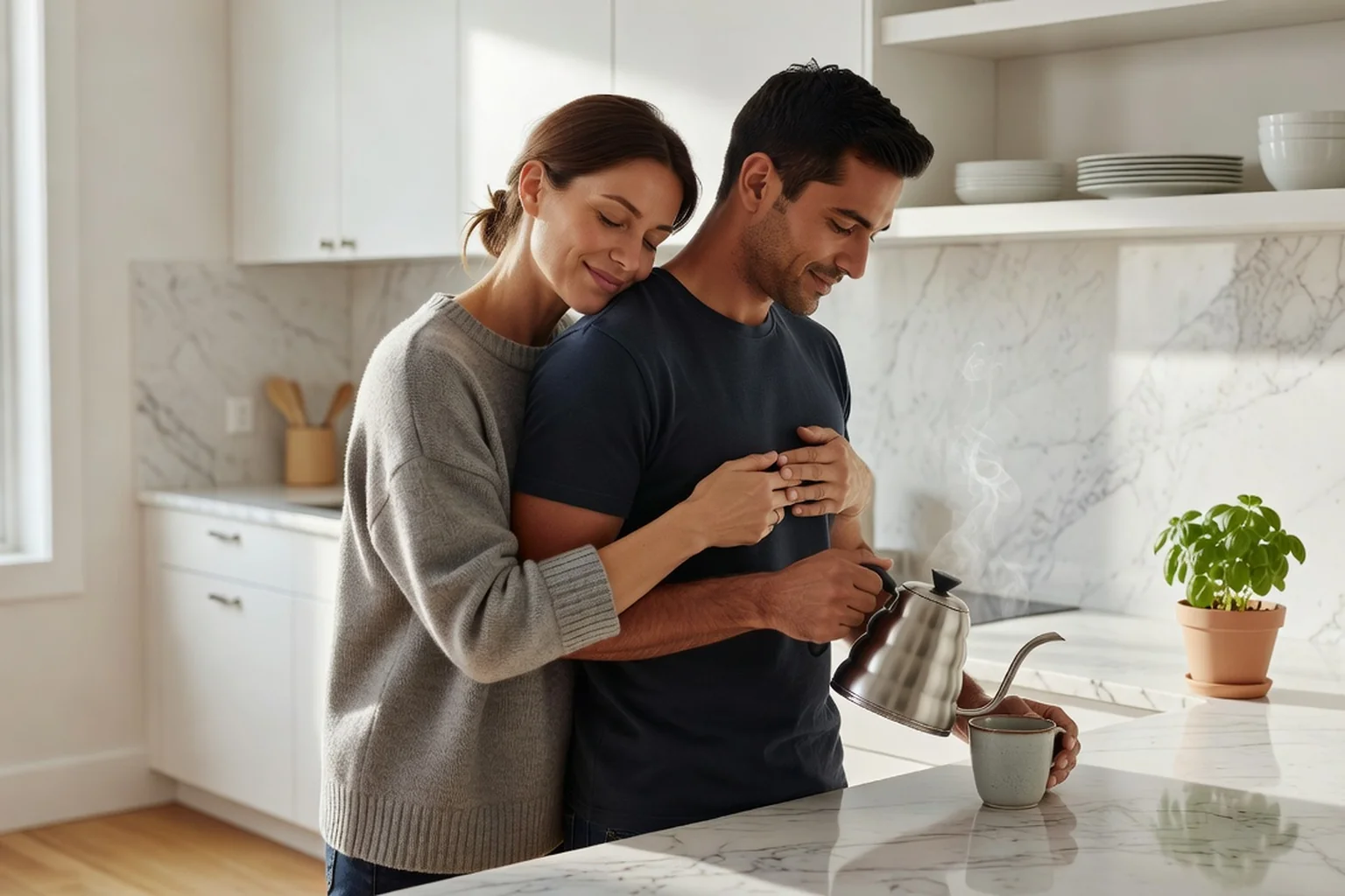 Adult woman embracing her partner from behind in a bright kitchen, a tender everyday moment linking responsiveness and desire