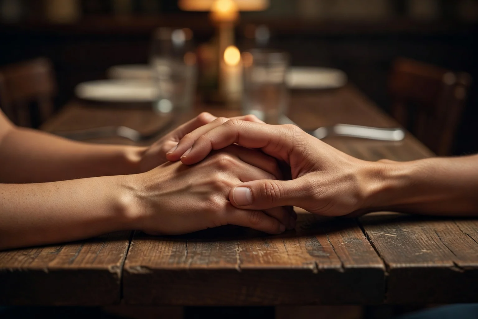 Close-up of a couple's hands intertwined on a wooden table in warm light, symbolizing intimacy