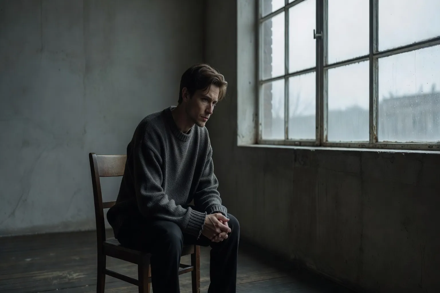Personne seule contemplant par une fenêtre, solitude et introspection