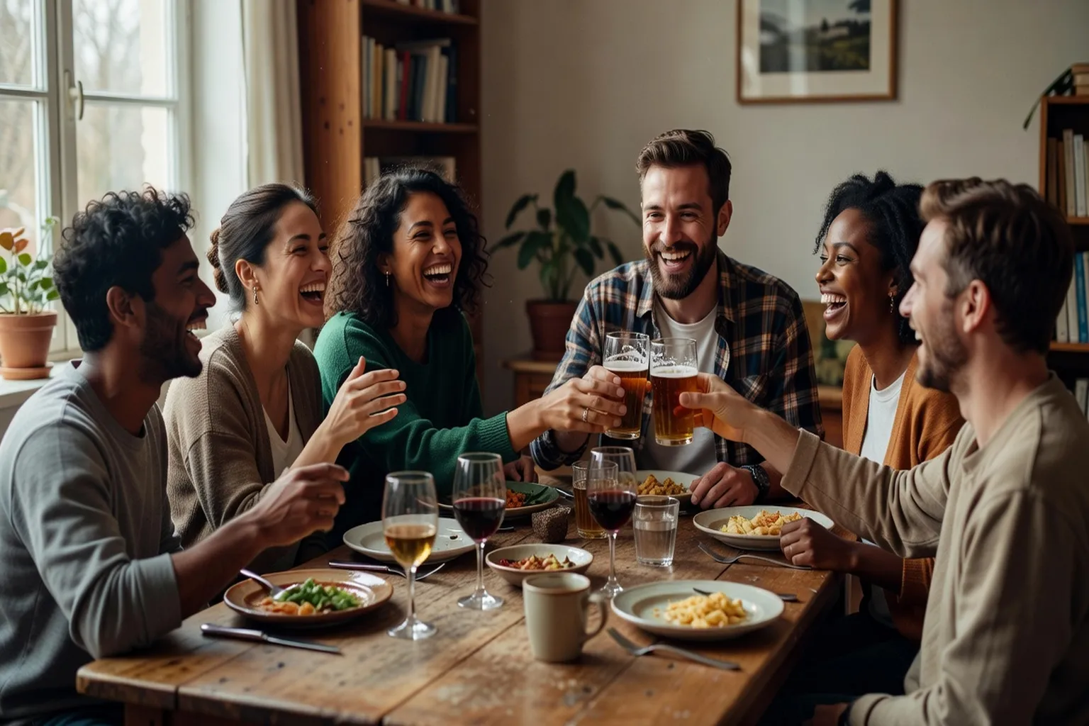 Groupe d'amis réunis autour d'une table, chaleur sociale et connexion