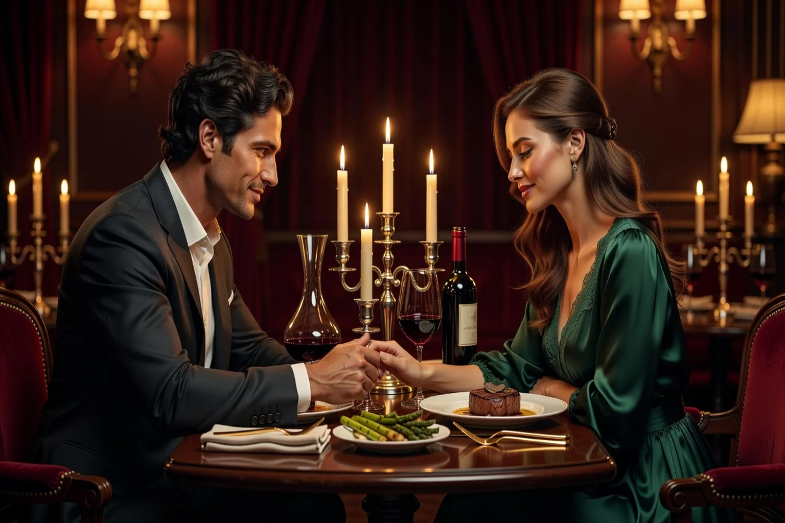 Couple partageant un dîner aux chandelles romantique, style Éros