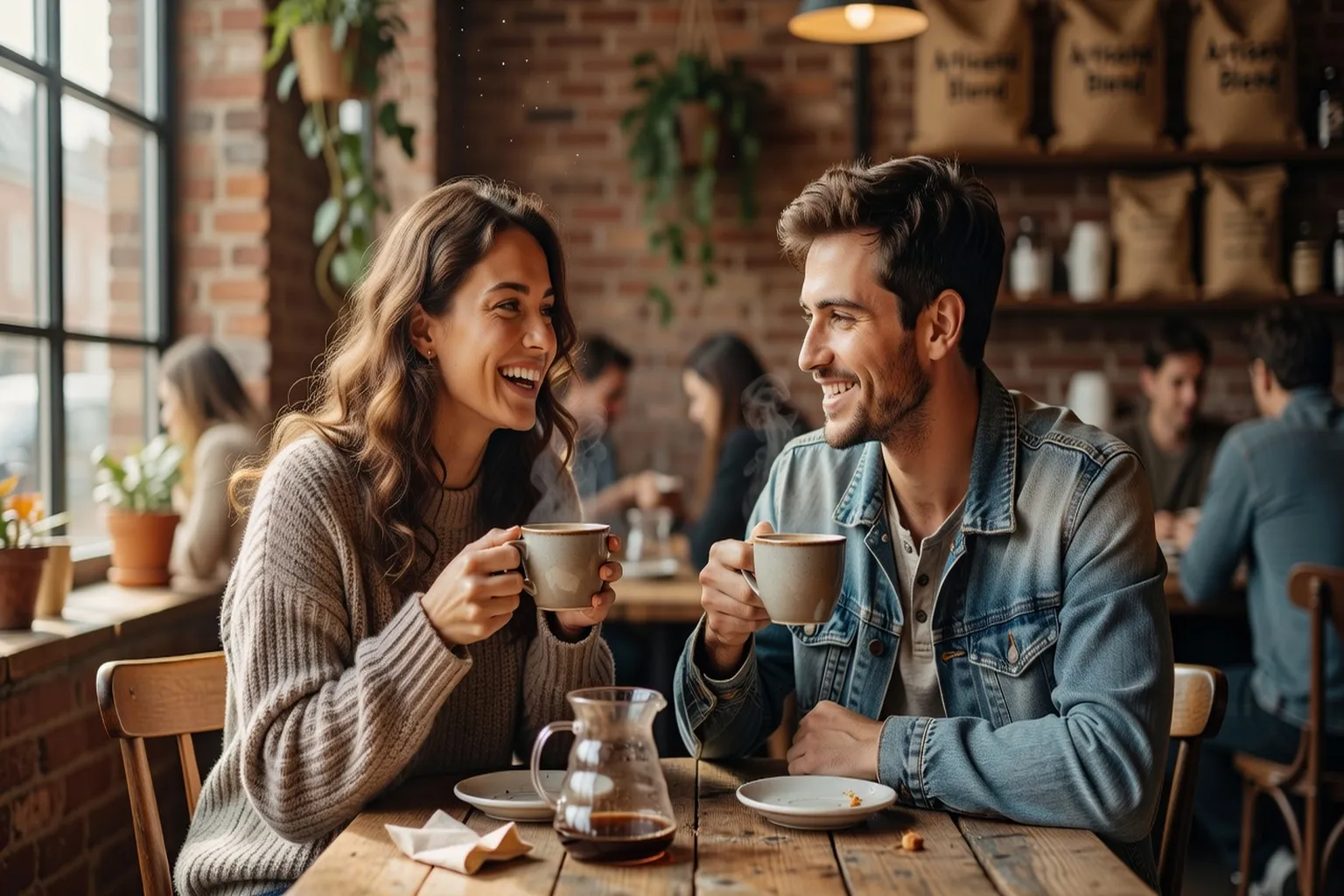 Deux amis partageant un café, amour Storgé qui naît de l'amitié